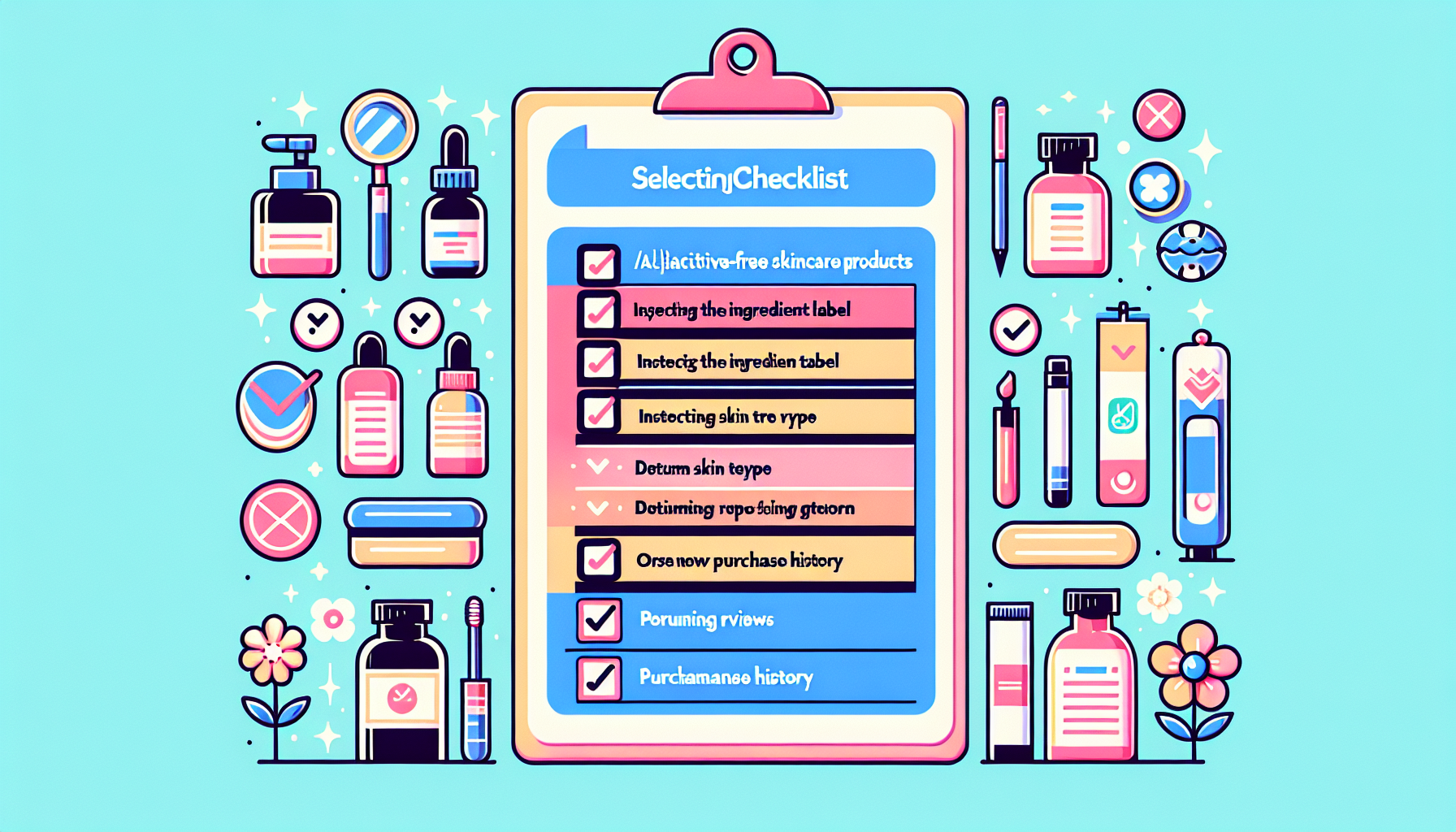 Checklist graphic illustrating the points to consider when selecting additive-free skincare products.