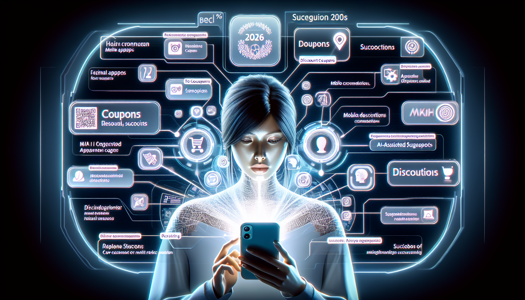 Illustration of methods to find discount coupons in 2026, including social media and mobile apps.