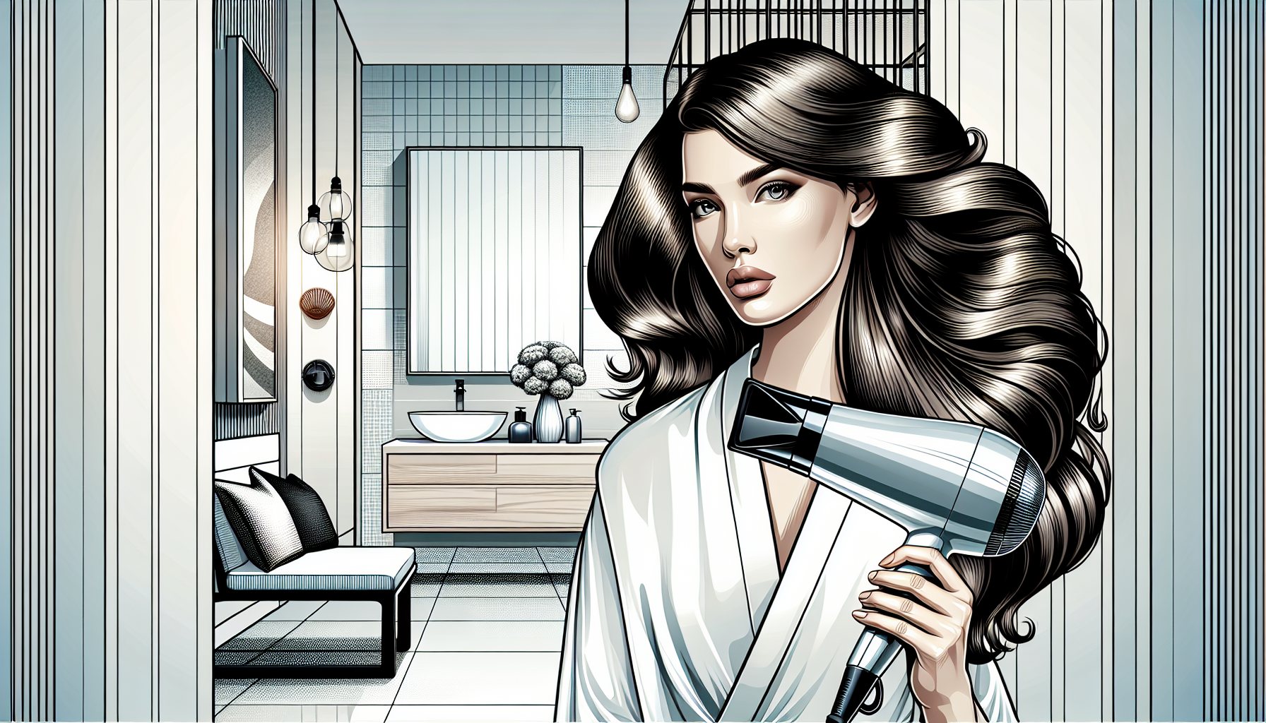 Woman using KYOGOKU Dry Shushu in a stylish bathroom to enhance hair volume.