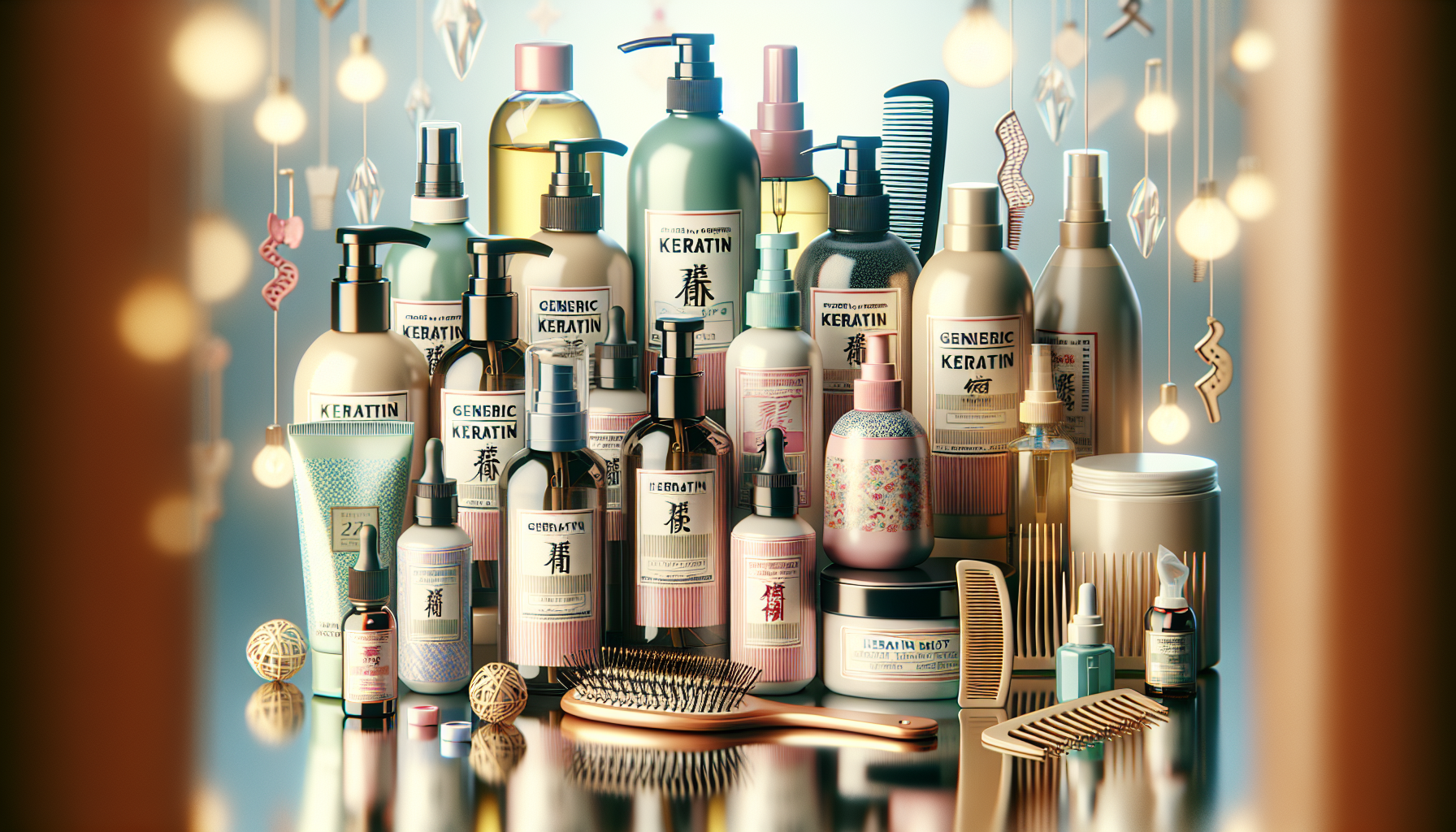 Collection of KYOGOKU keratin mist bottles with hair care products on a softly blurred background.