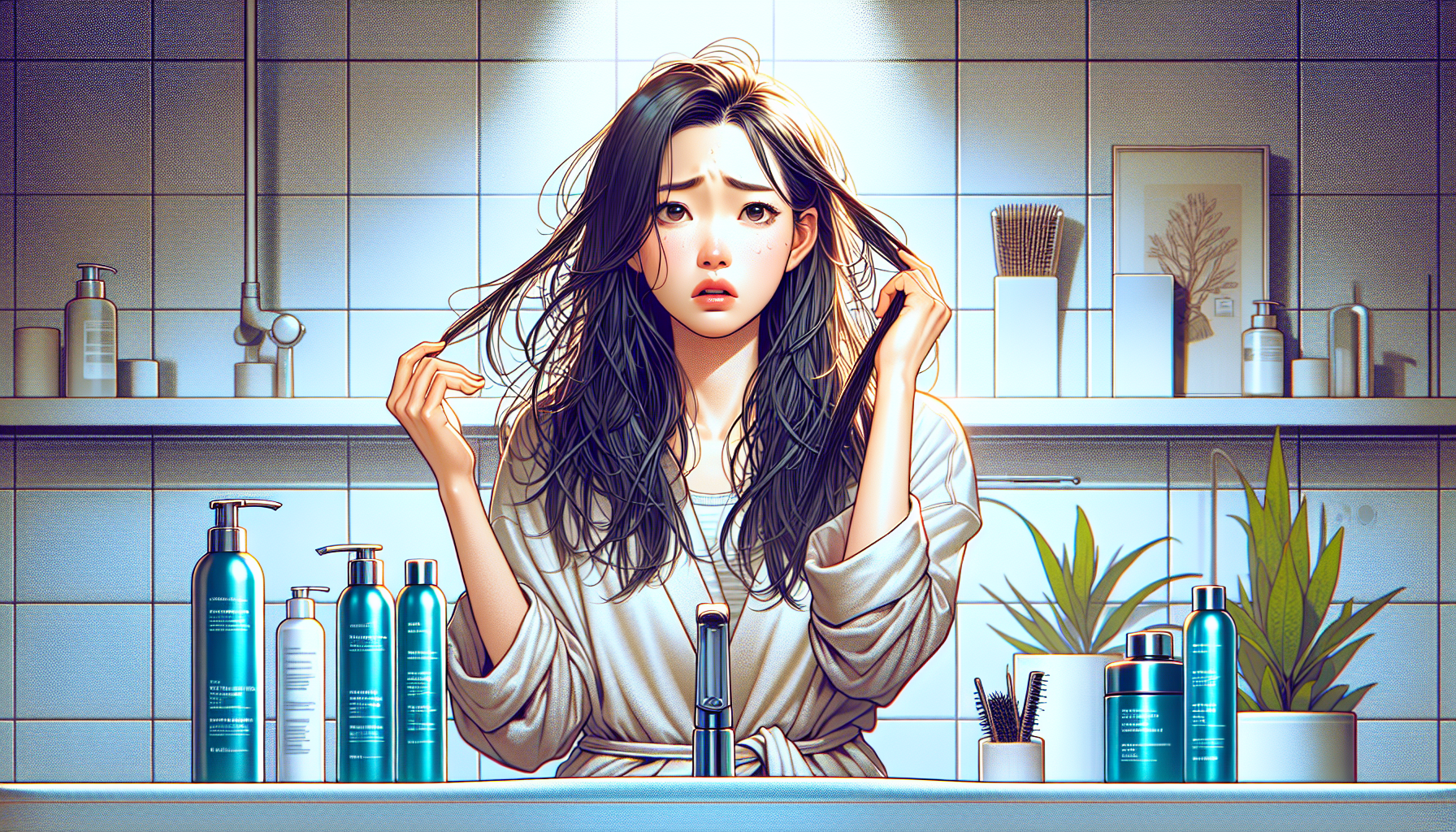 A concerned woman examining her damaged hair in a bathroom, illustrating common hair issues.