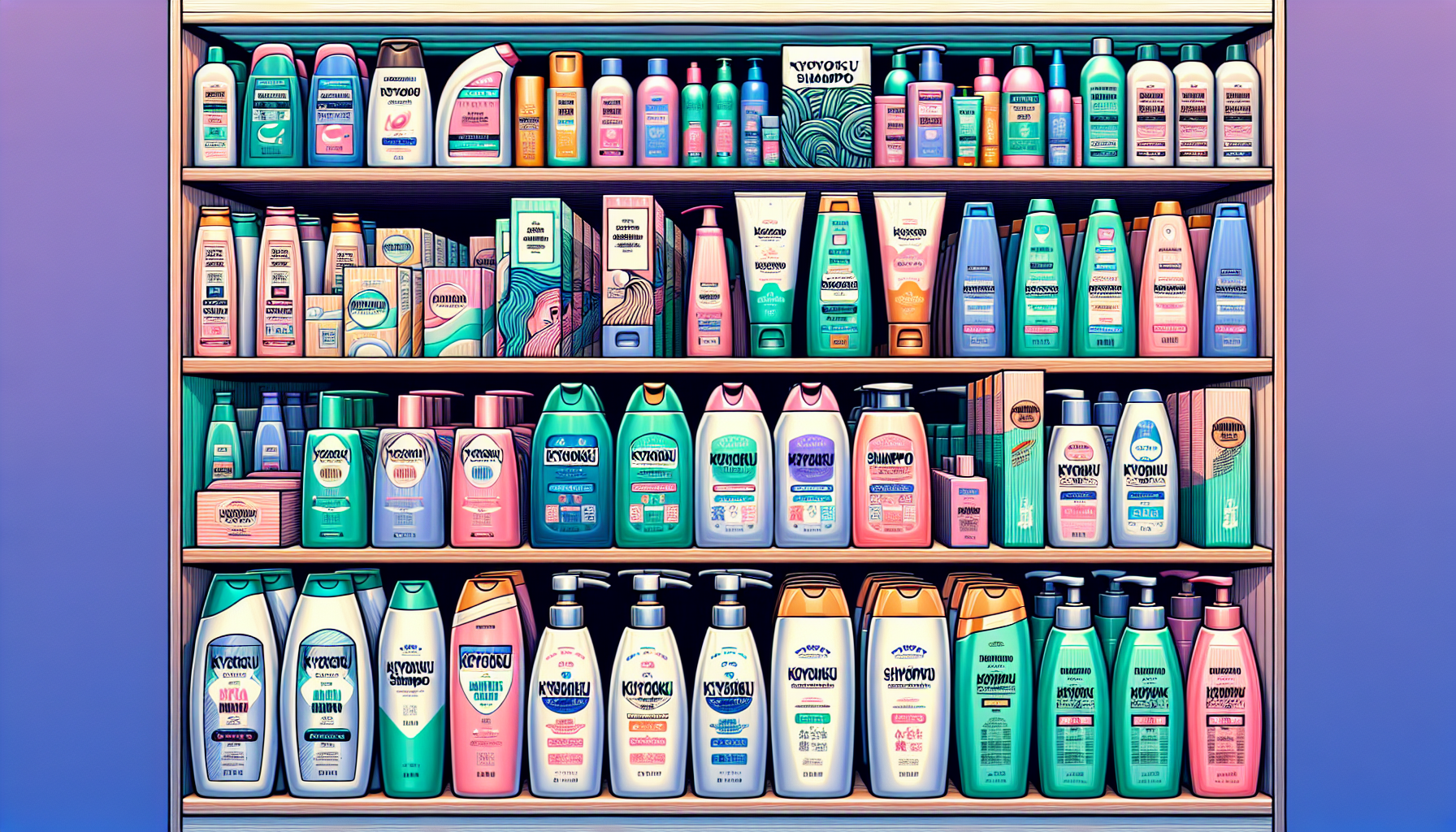 Comparison of KYOGOKU shampoo with other brands on a retail shelf.