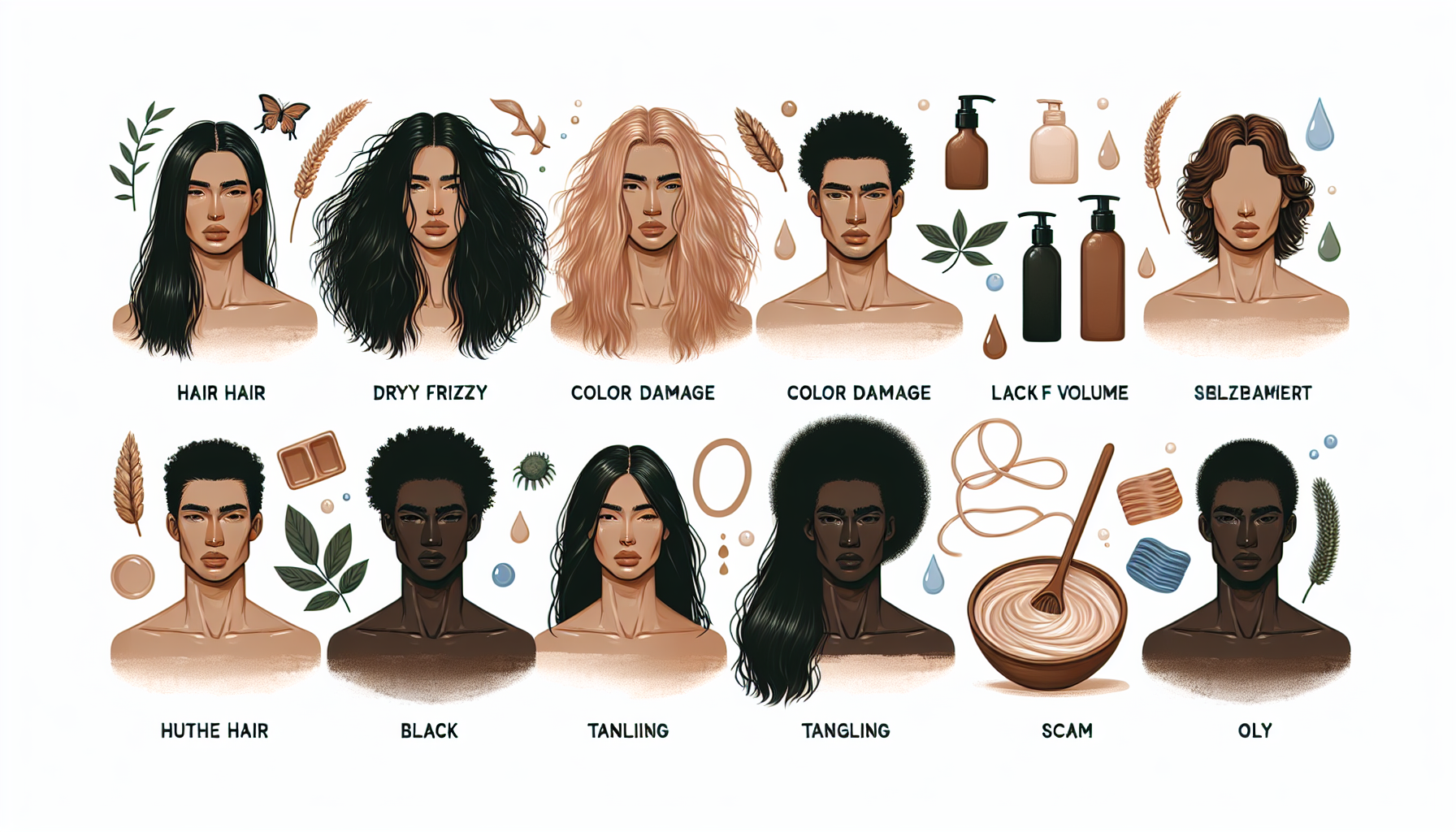 Illustration of common hair issues like dryness and tangling