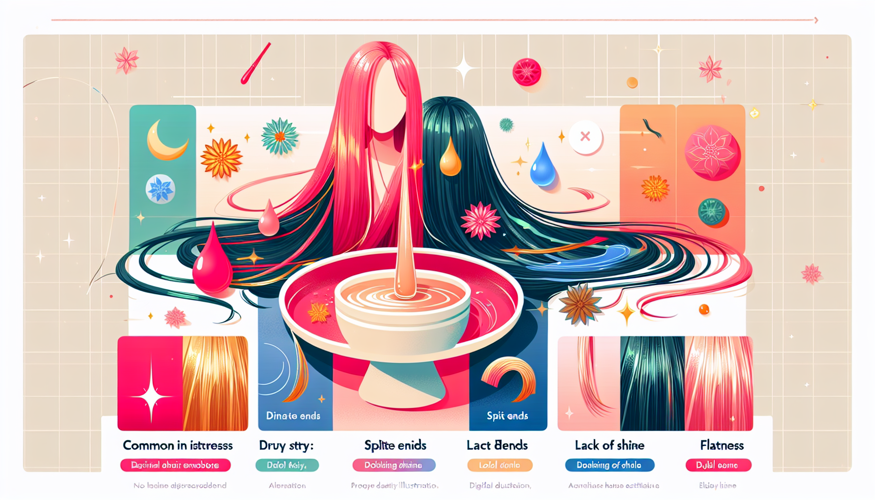 Infographic illustrating common hair concerns like dryness, split ends, lack of shine, and flatness.