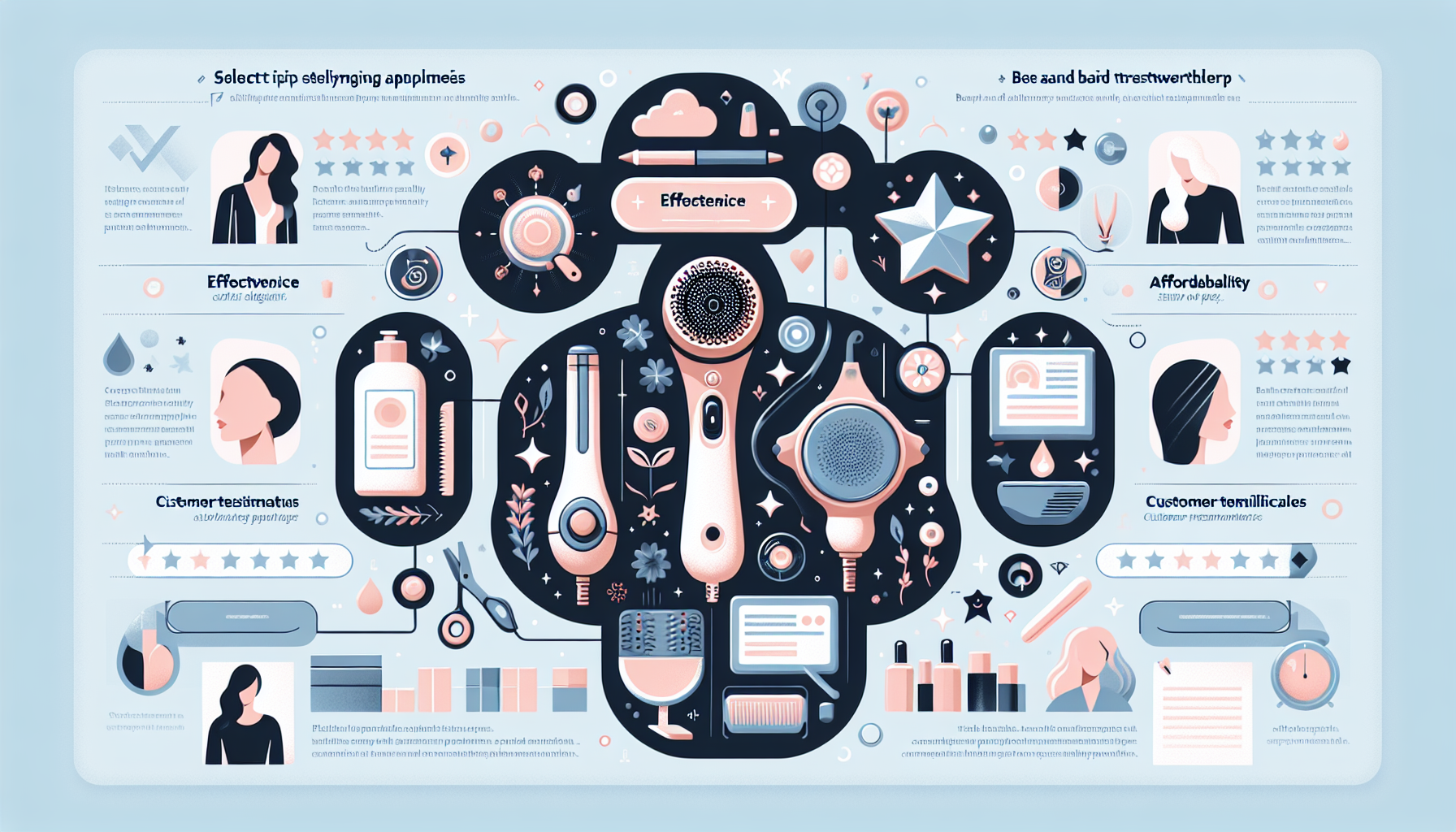 Infographic illustrating the key points for choosing beauty appliances including functionality, design, price, reviews, and brand reliability.