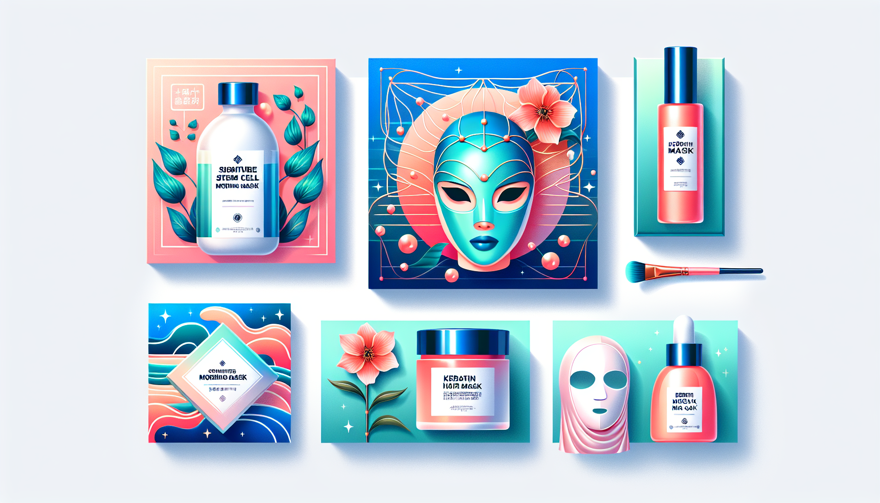 Collage image of recommended beauty products from LCJ MALL including KYOGOKU stem cell morning mask and keratin hair mask cap.