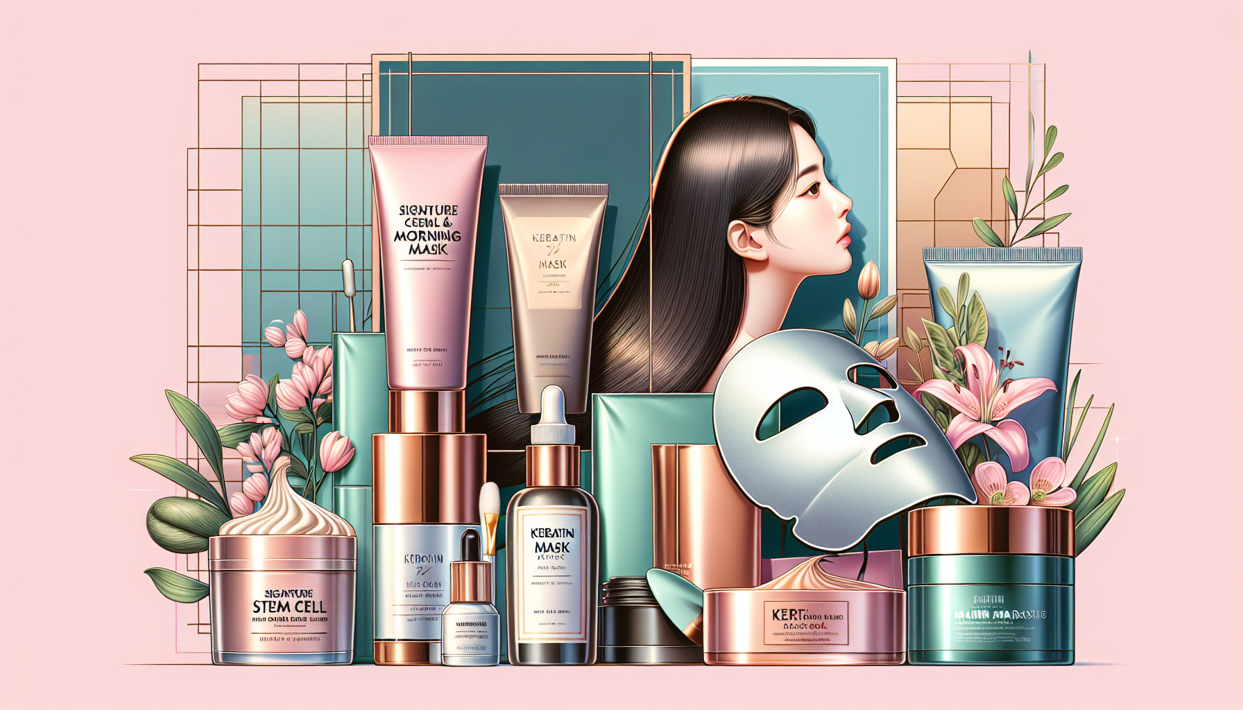 Popular LCJ MALL products including skincare and hair care items in a beautiful arrangement.