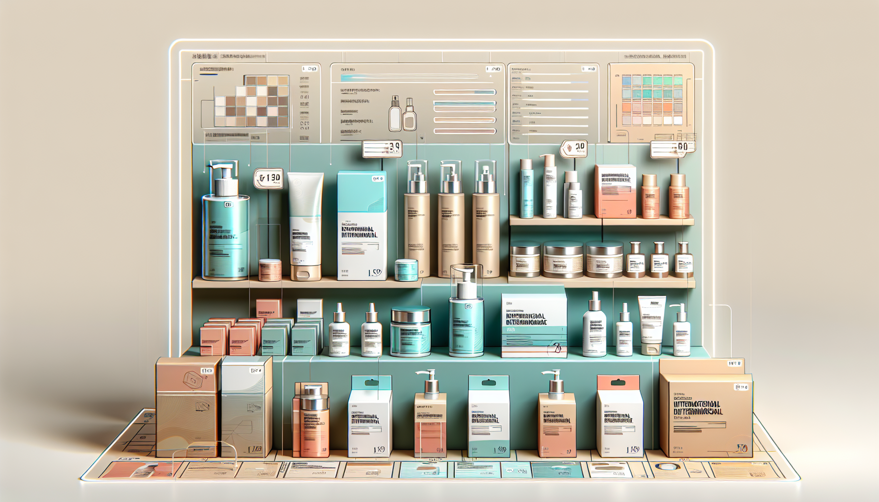 Top-ranked international skincare and beauty products display with colorful packaging and clear pricing.