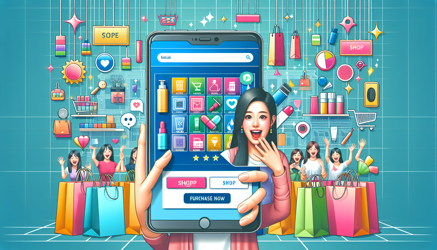 TikTok shopping interface on smartphone with vibrant shopping background