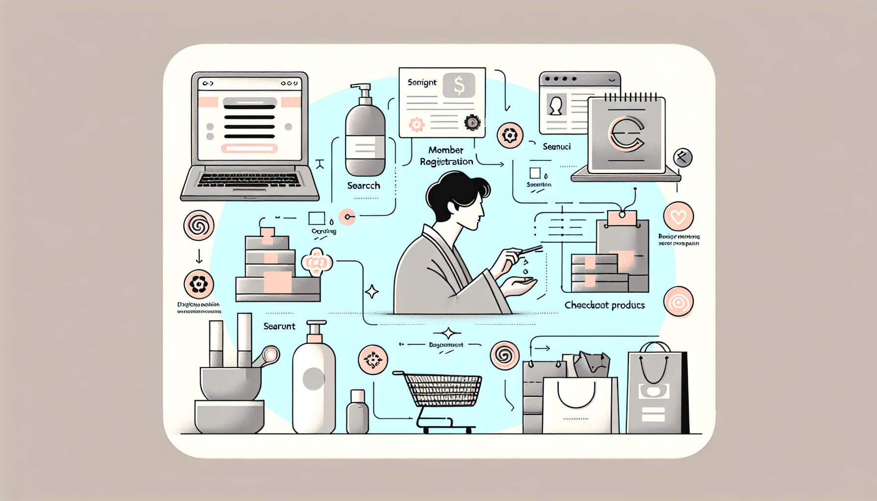 Infographic showing the steps to use LCJ MALL including registration, product search, and checkout processes.