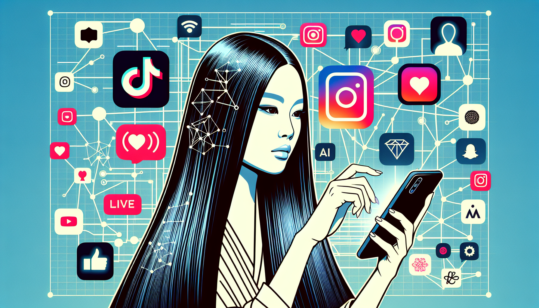 ライブコマースの最新トレンドを表すイメージ：複数のSNSアイコンとライブ配信を楽しむ人のイメージ
