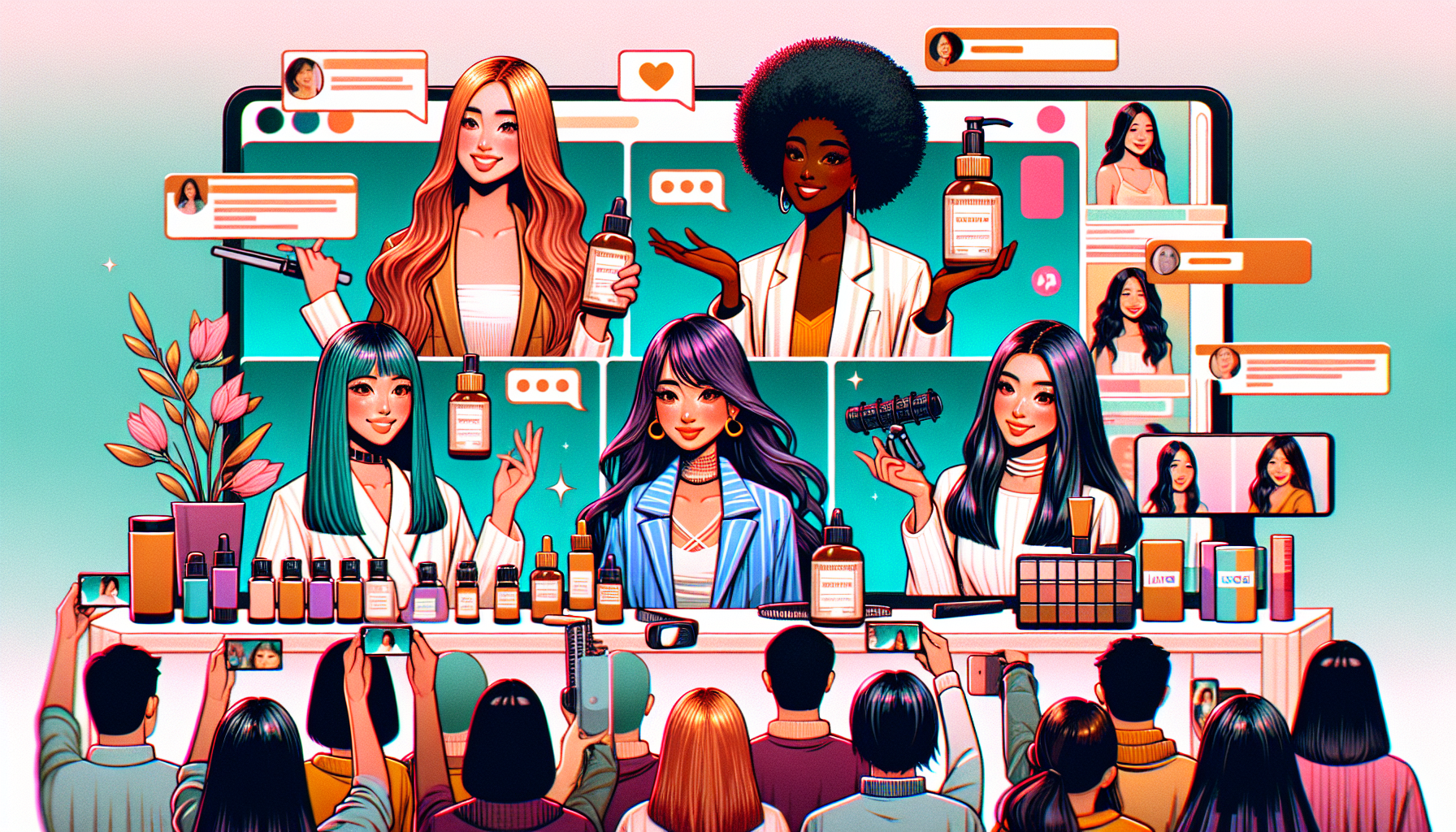 Diverse influencers engaging in live commerce streaming showcasing beauty products.