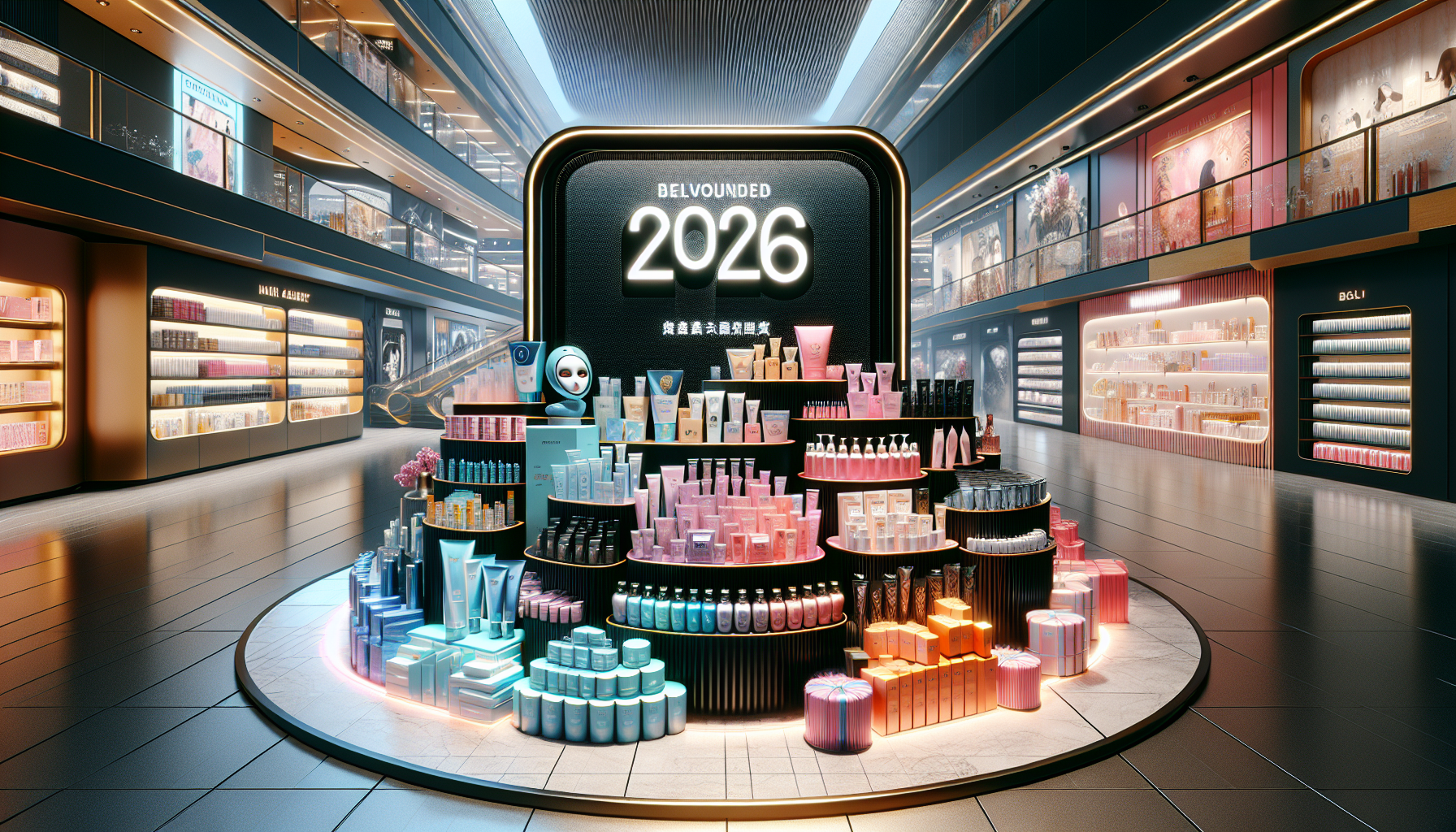 Display of popular beauty products from LCJ Mall, featuring skincare and hair care items.