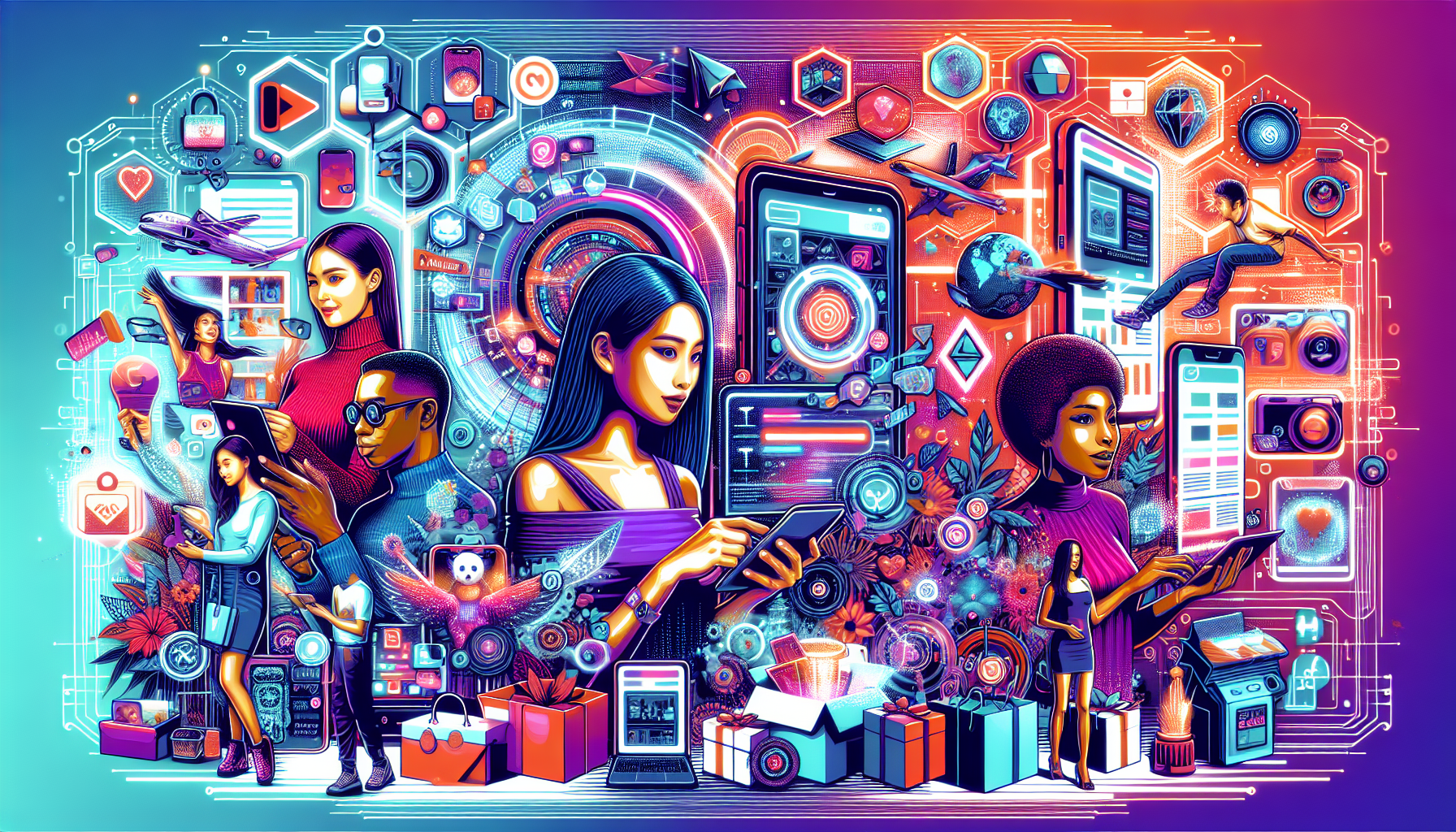 Illustration of live commerce in 2026, with diverse consumers engaging with products through digital devices.