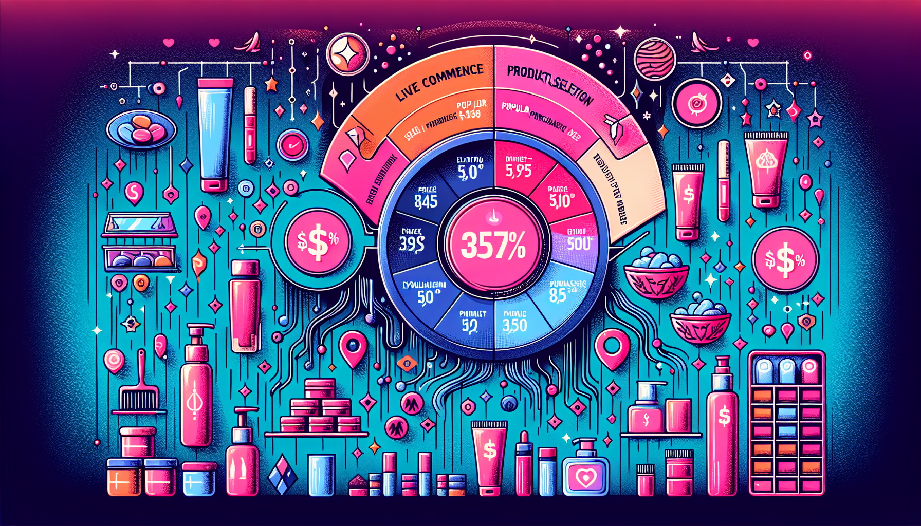 Infographic on selecting products in live commerce highlighting price, evaluation, and purchase numbers.