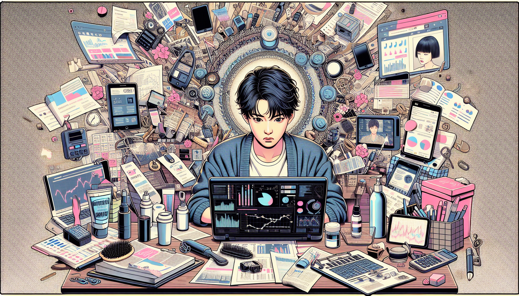 Confused individual preparing for live commerce with technology and marketing icons.