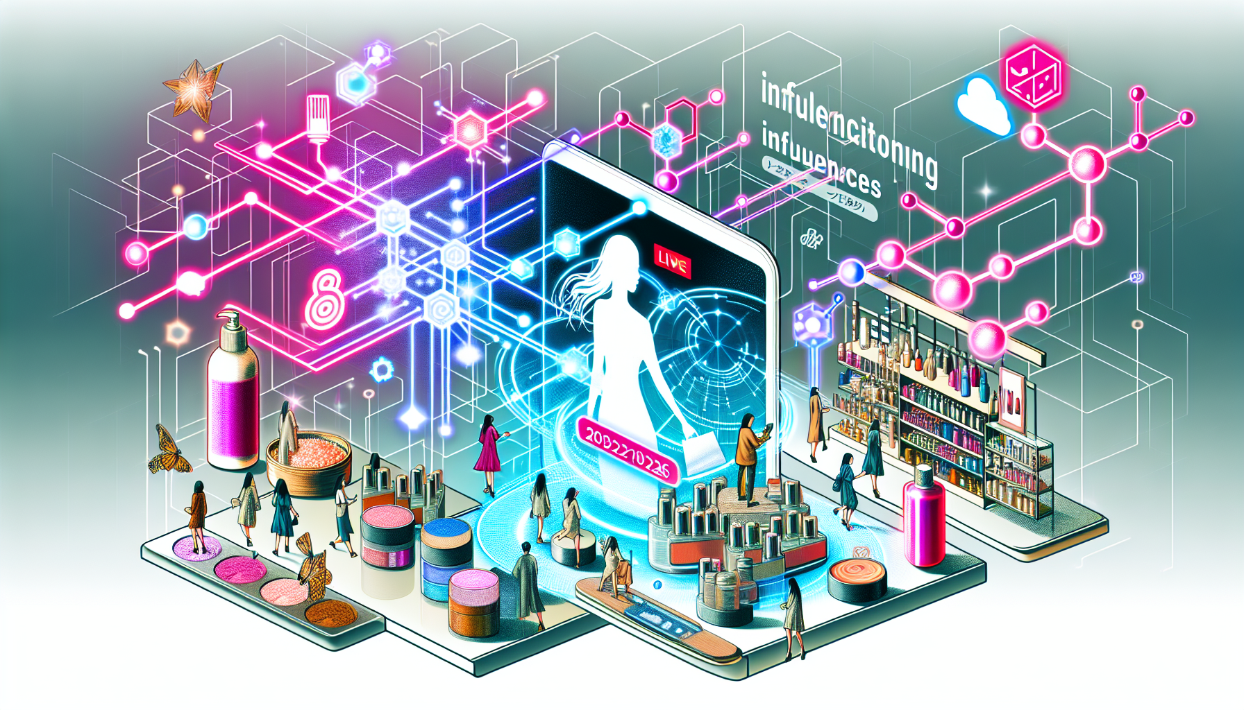 Illustration of live commerce in 2026 highlighting user engagement and influencer interactions.