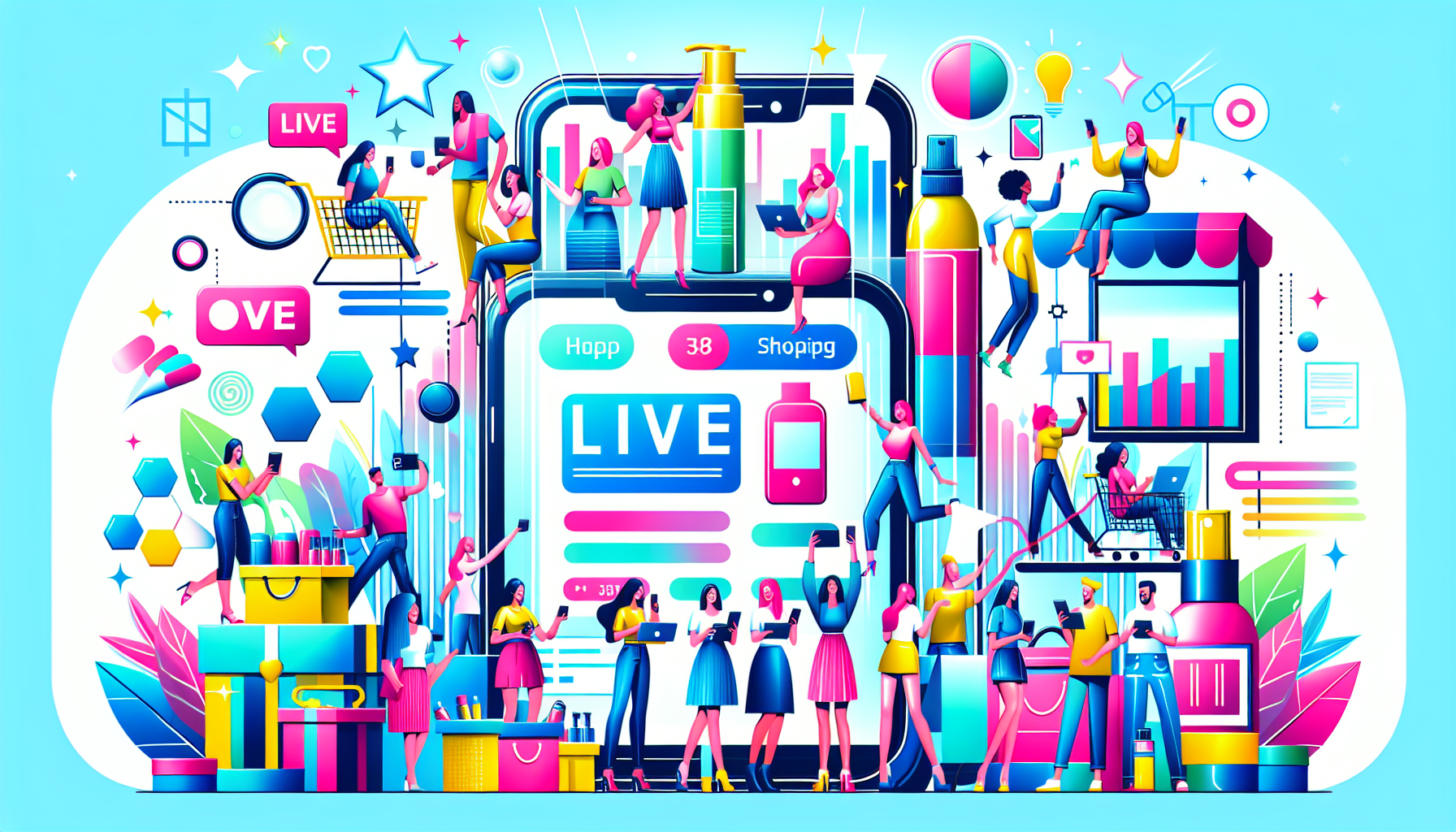 Diverse group engaging with live shopping on mobile devices, depicting market research in live commerce.