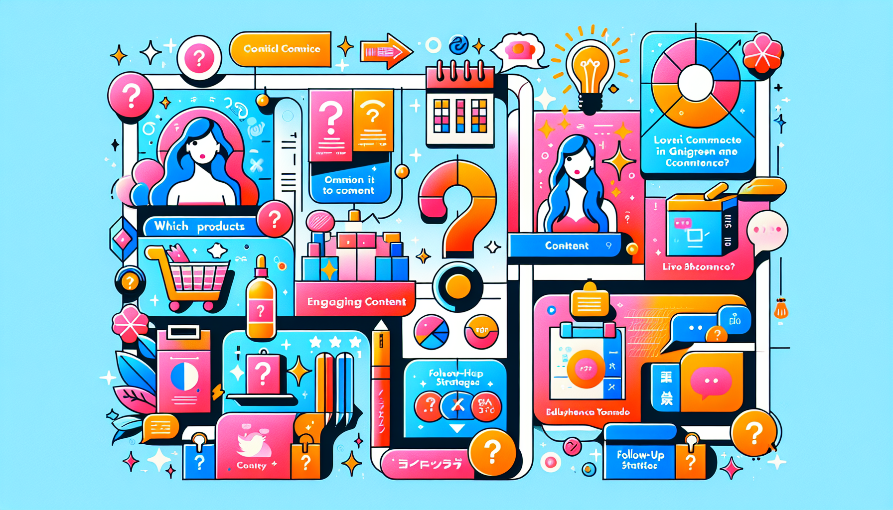Infographic depicting common challenges in live commerce, highlighting product selection, viewer engagement, follow-ups, and promotion.