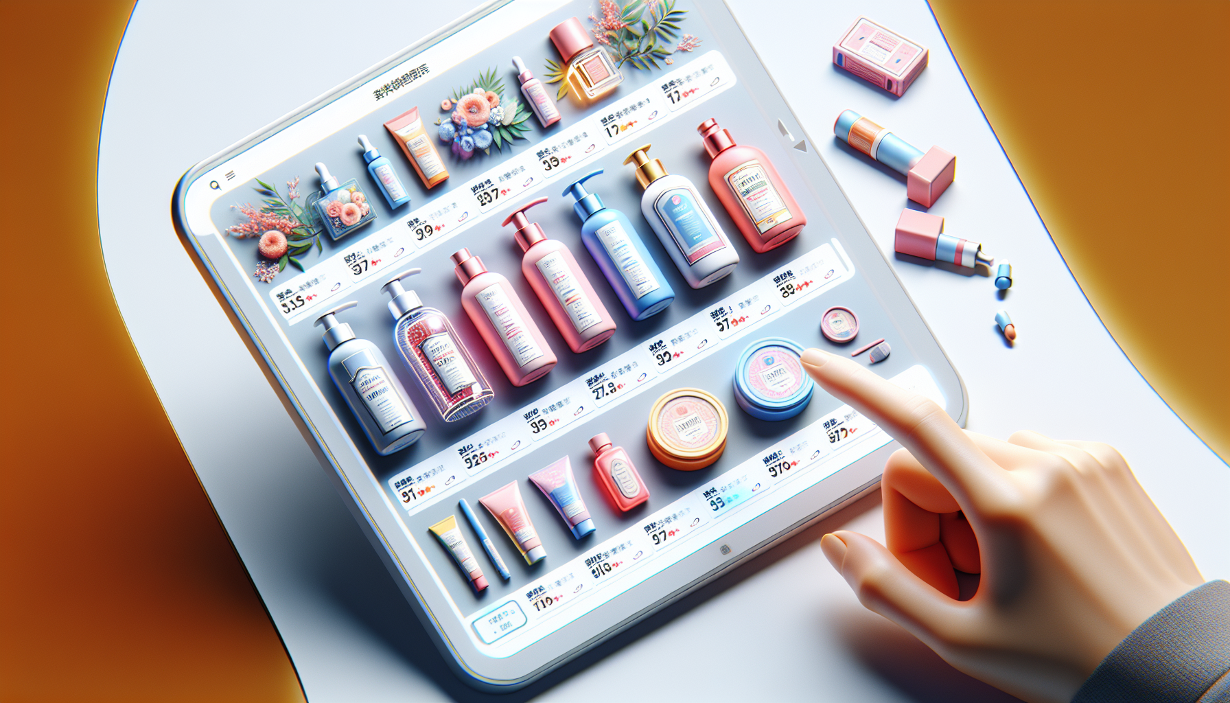 Top selling beauty products ranking on a digital device for live commerce.