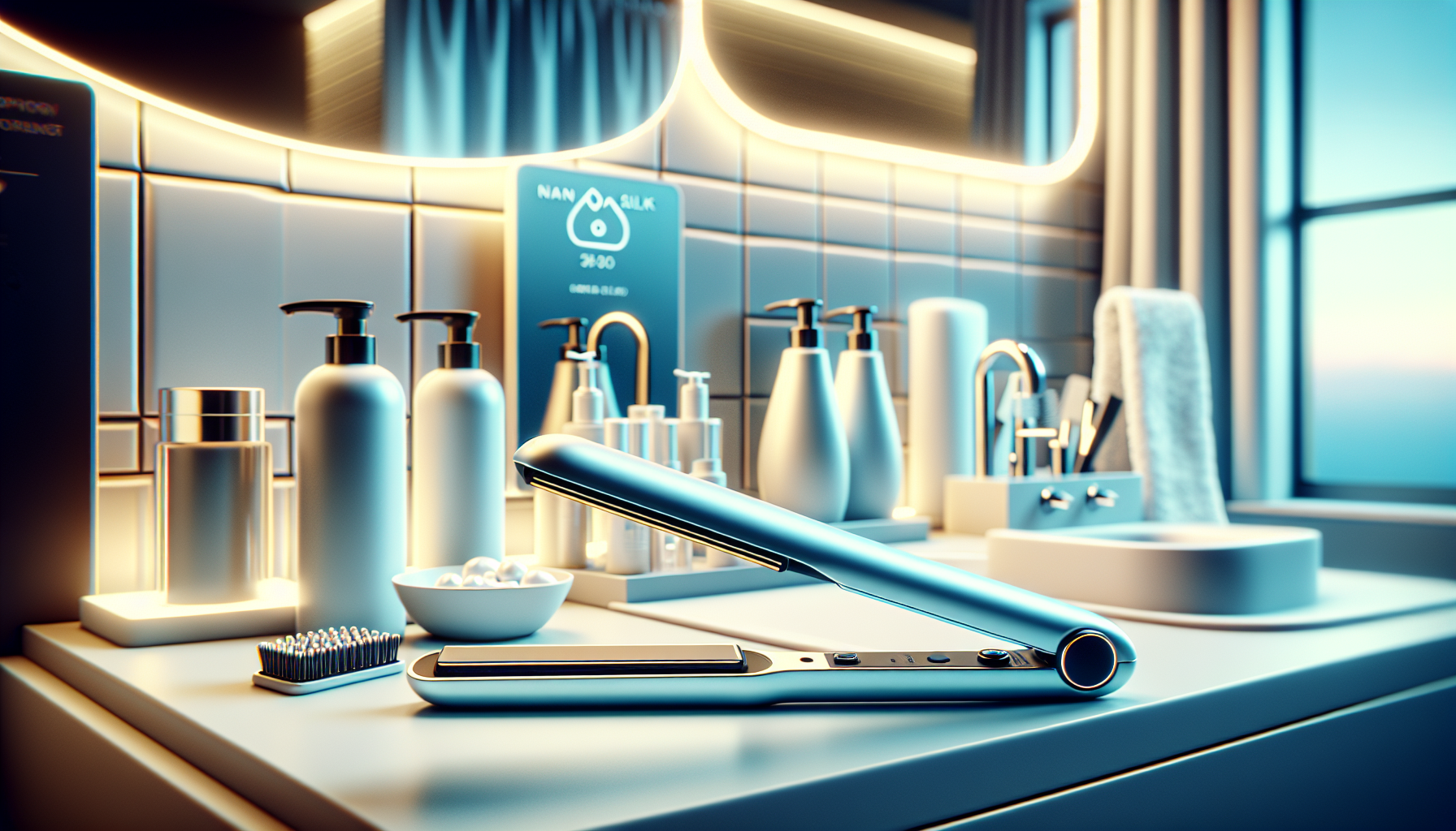 Modern nano silk straightener displayed on a bathroom vanity with beauty products.