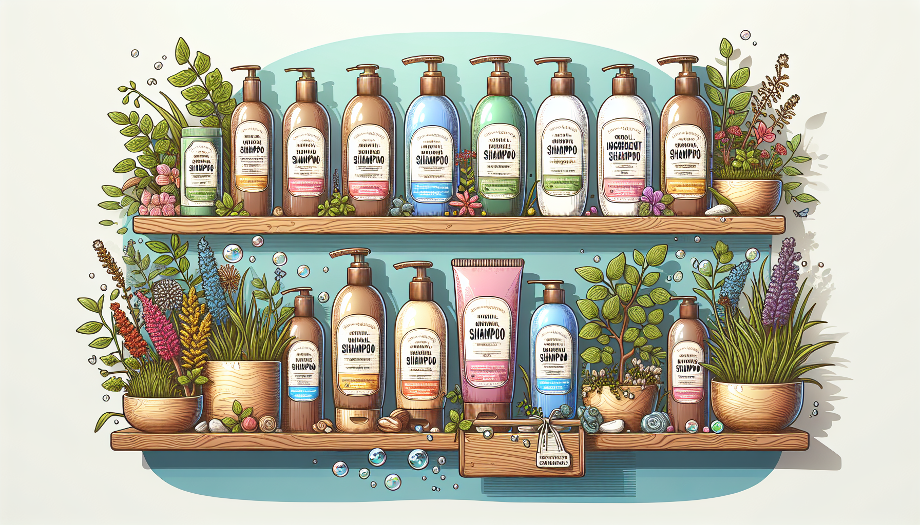 Natural ingredient shampoos on a wooden shelf