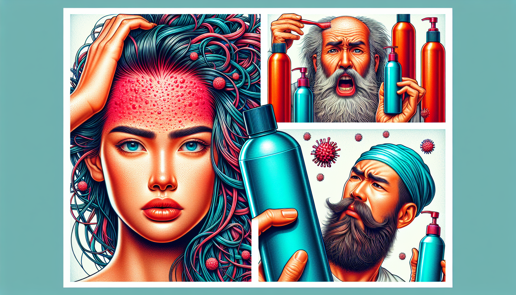 Collage illustrating common hair and scalp issues caused by chemical shampoos.