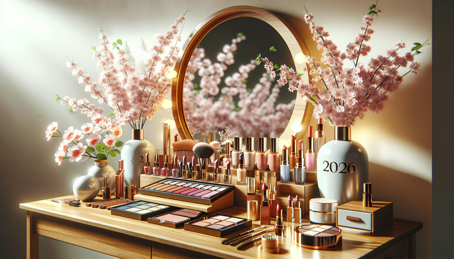 Display of various new cosmetic products for 2026 on a vanity.
