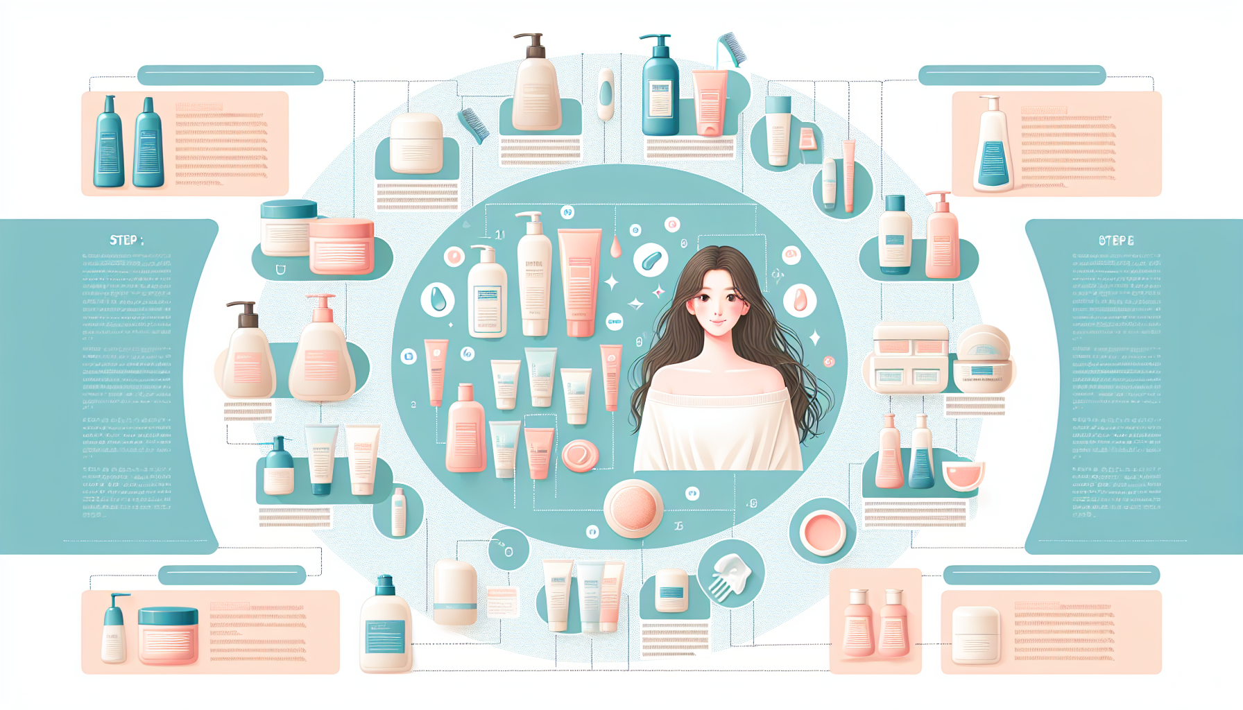Infographic illustrating a step-by-step hair care routine with products and methods.