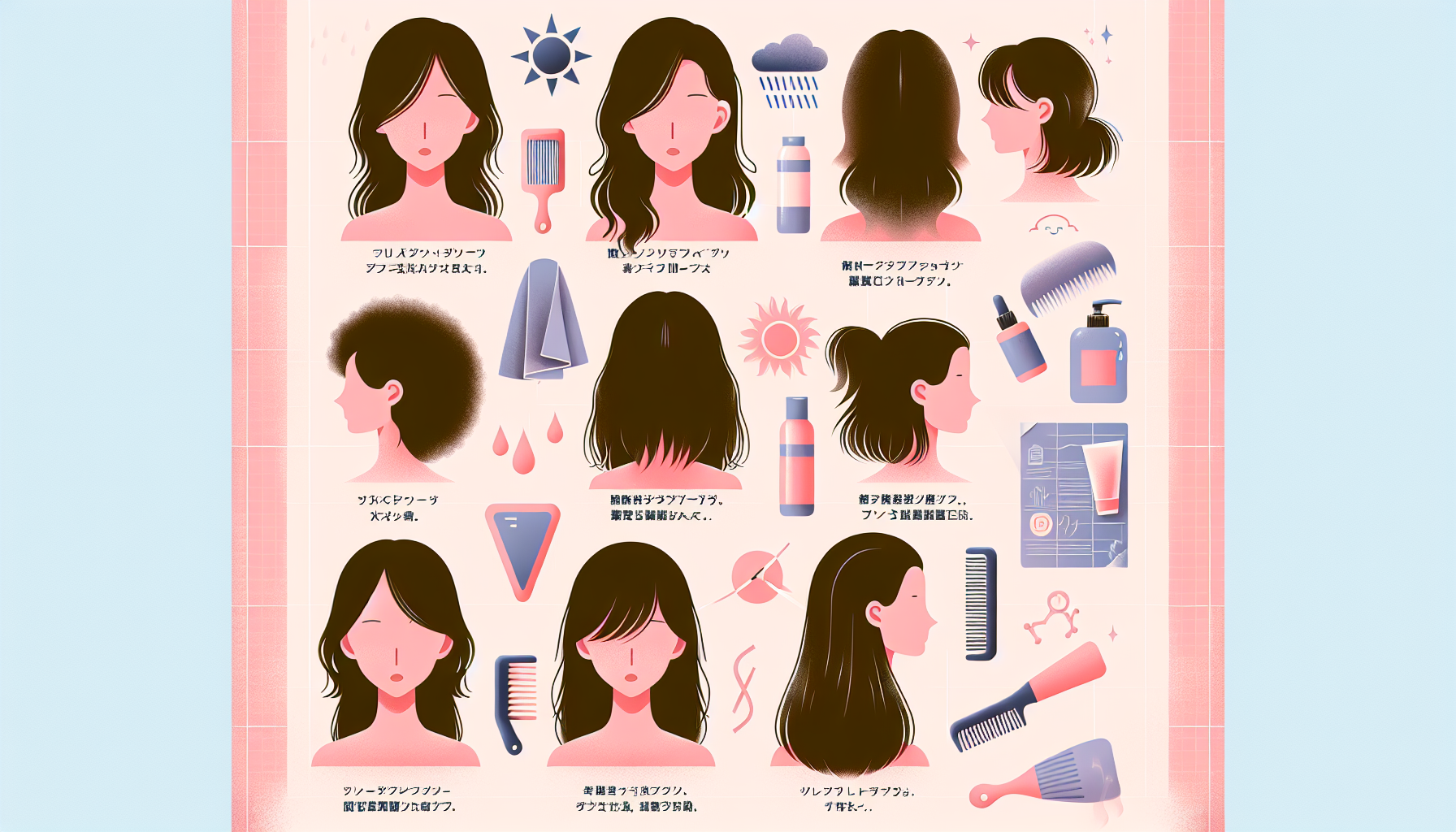 Illustration depicting common hair problems such as dryness, damage, lack of volume, and unhealthy scalp.