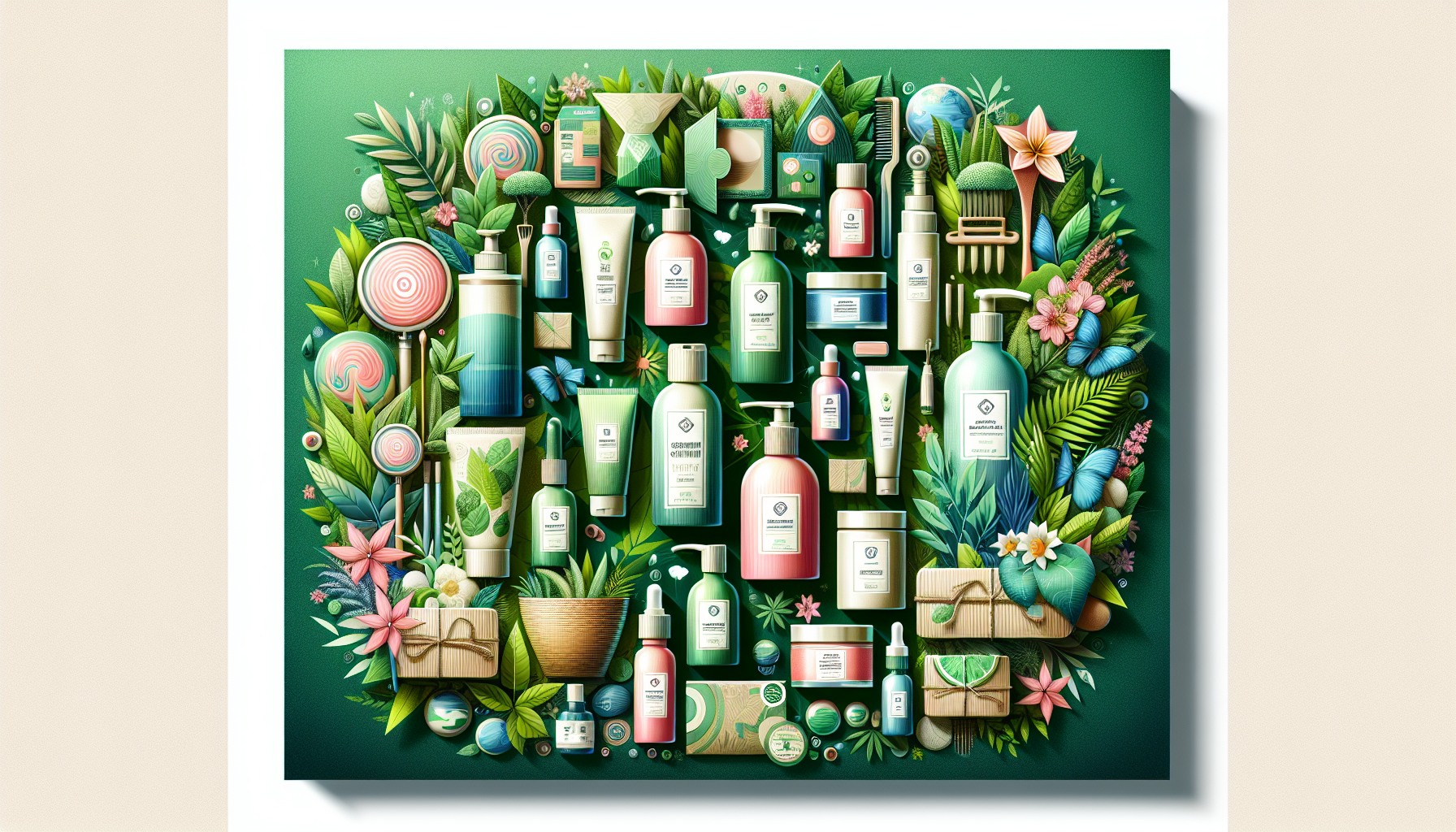 Collage of sustainable skincare products with eco-friendly packaging.