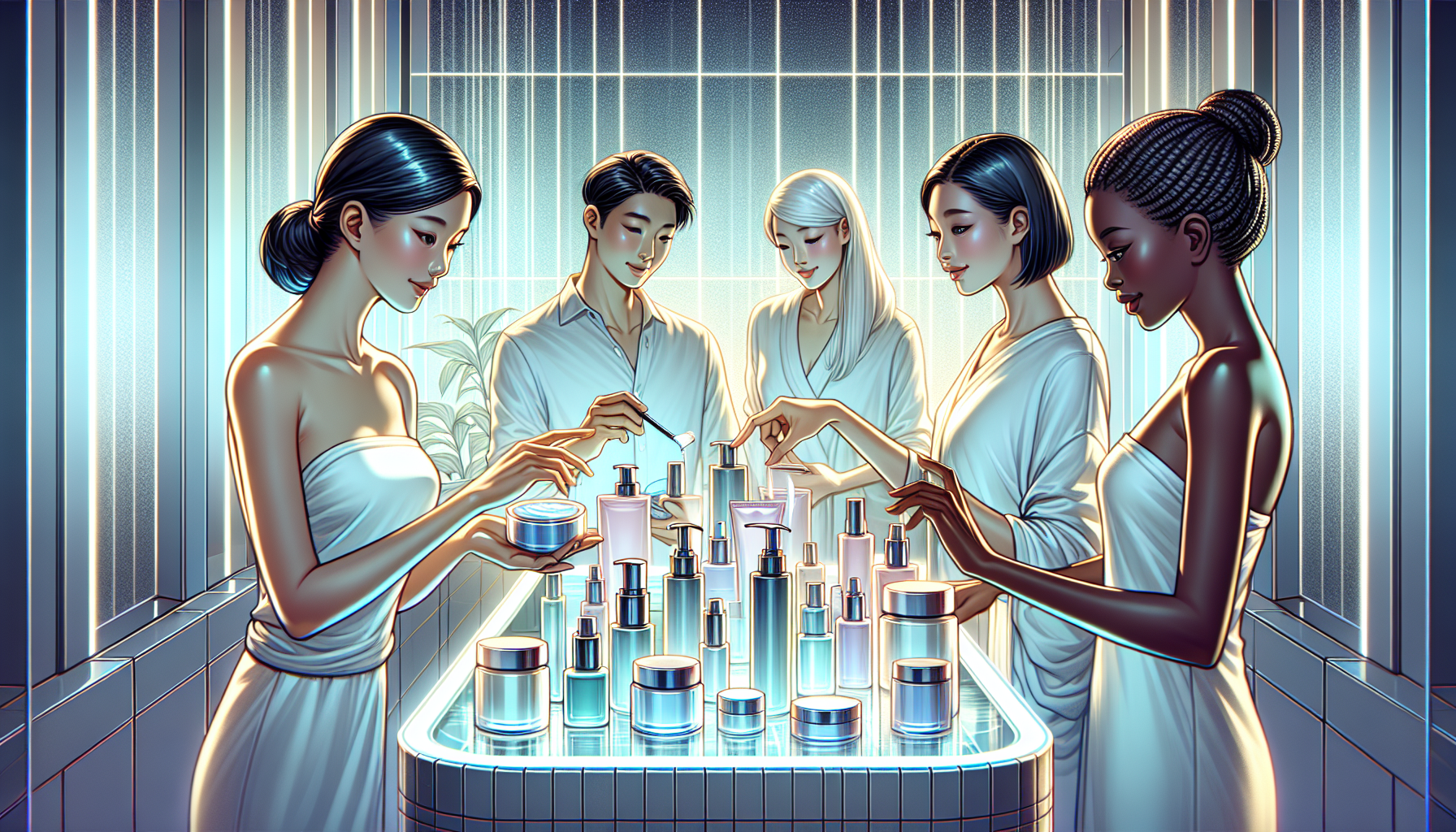 Diverse individuals reviewing skincare products in a modern bathroom.