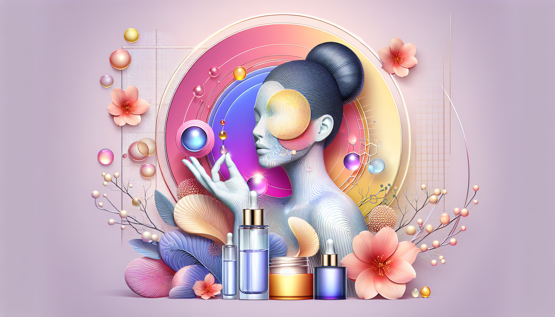 Illustration of next-generation skincare ingredients including peptides, retinol, and hyaluronic acid.