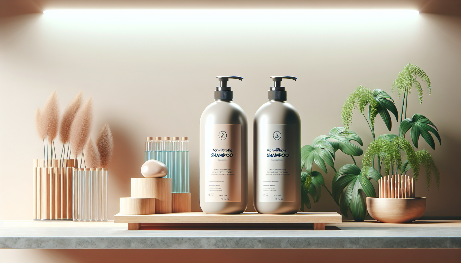 Display of top-rated non-silicone shampoos in a natural setting, highlighting safety and hair care quality.