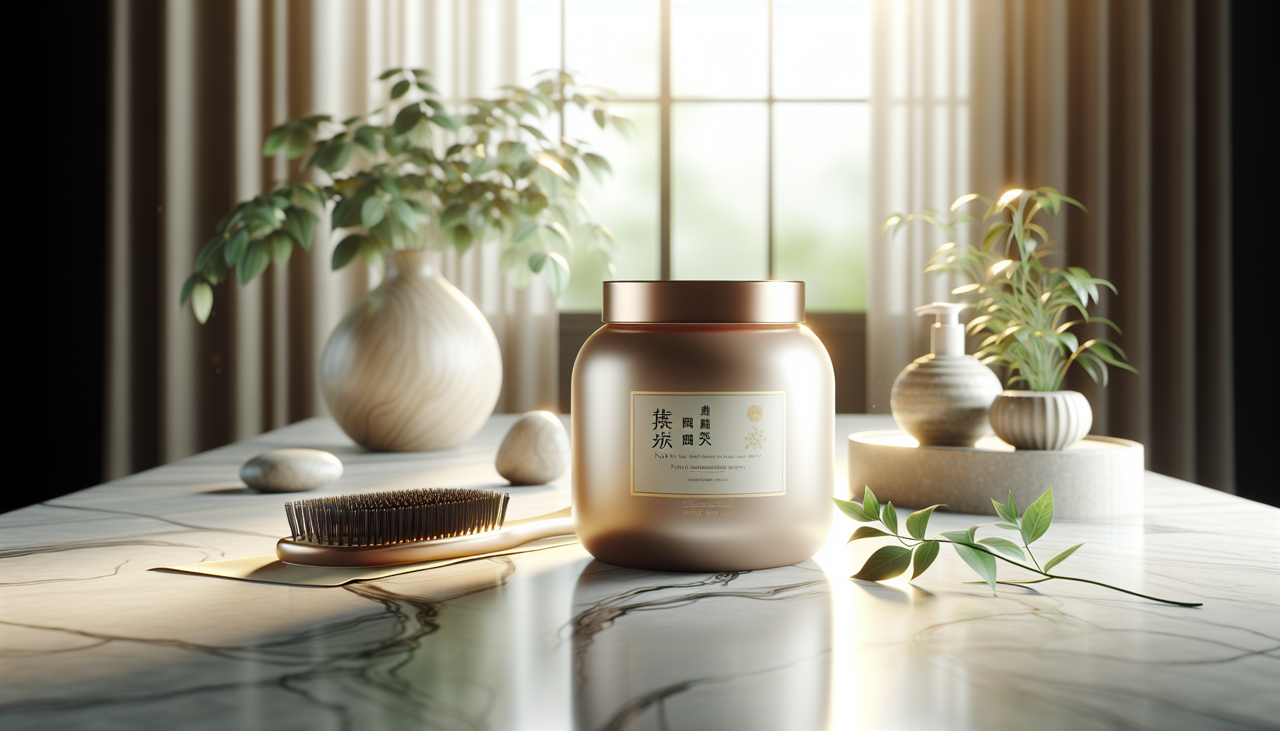Non-silicon hair treatment product on a marble surface with greenery.