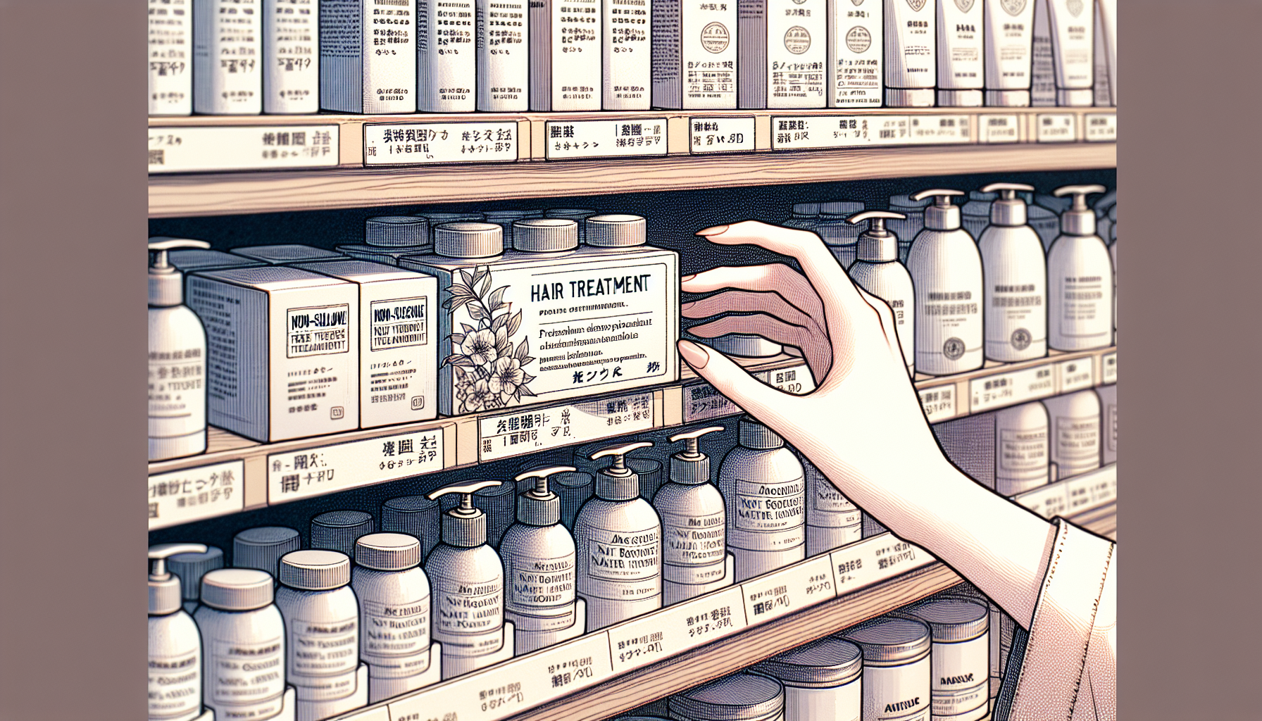 Selecting non-silicone hair treatment products from a shelf.