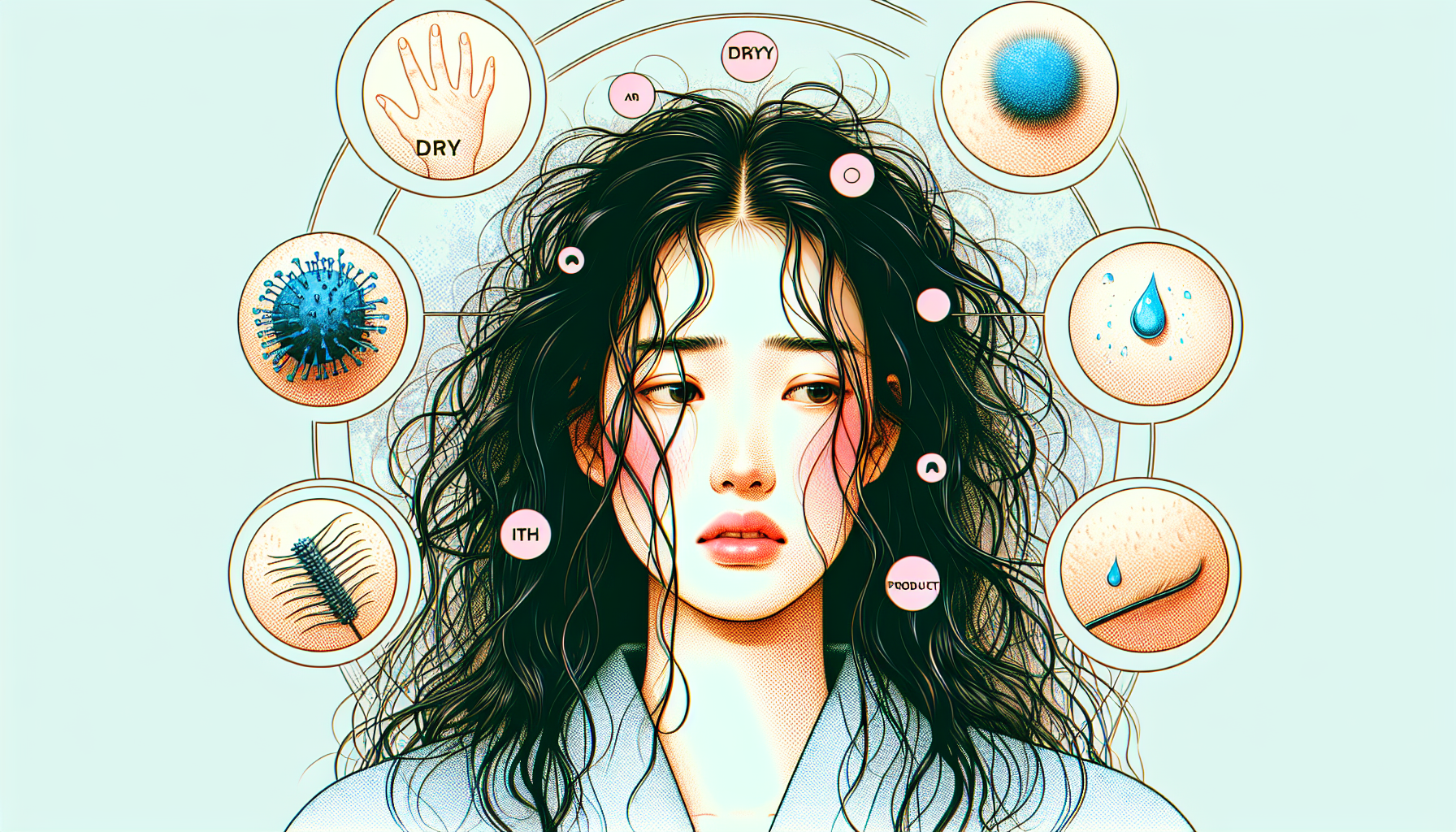 An illustration depicting common hair issues like dryness and frizziness after using shampoo.