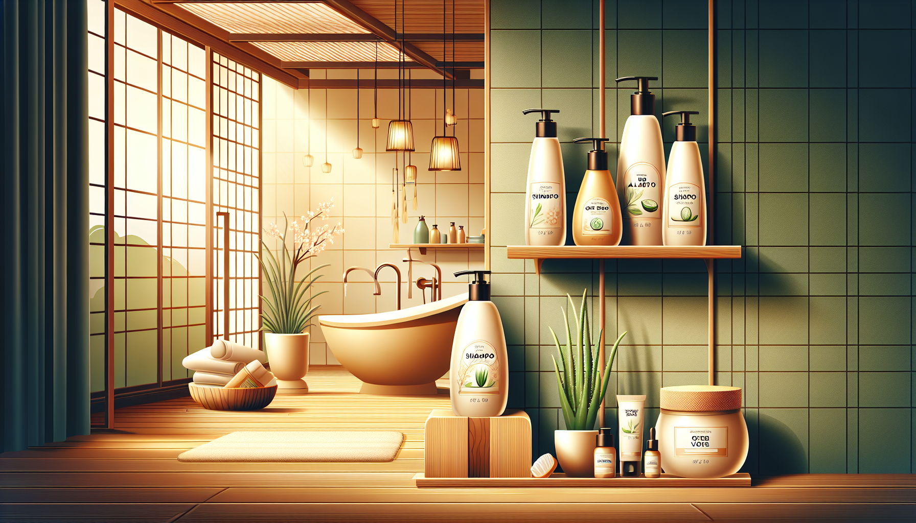A serene image of hair care products including organic shampoo, aloe vera, and tea tree oil for healthy hair.