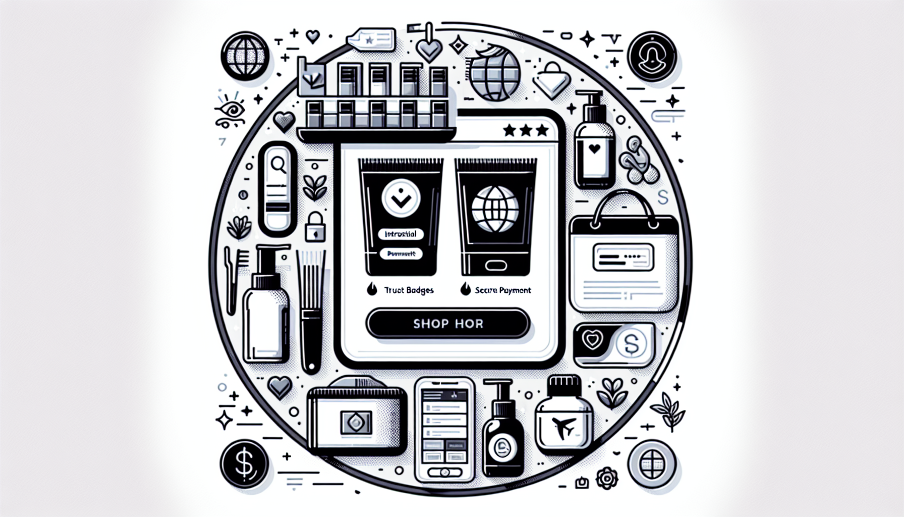 International online shop with trust badges and secure checkout icons