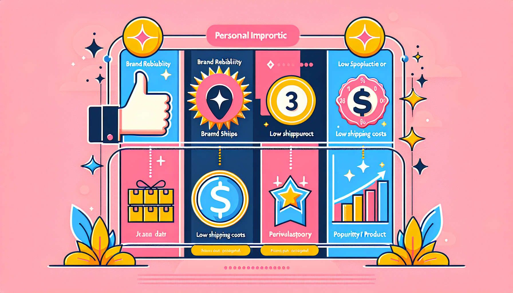 Infographic on product selection criteria for personal imports including brand reliability, shipping costs, and product popularity.