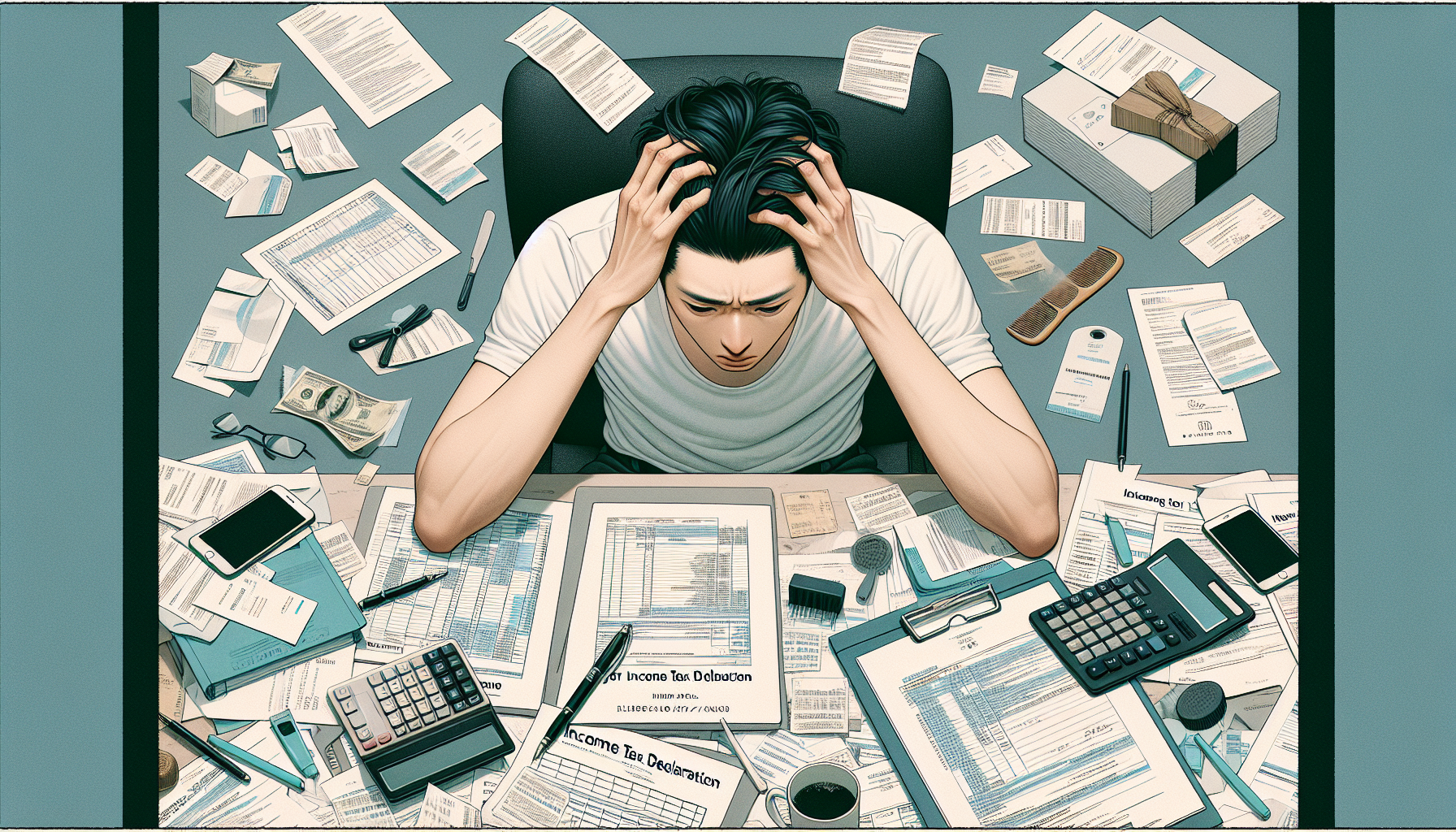 Frustrated individual dealing with tax paperwork for side business income.
