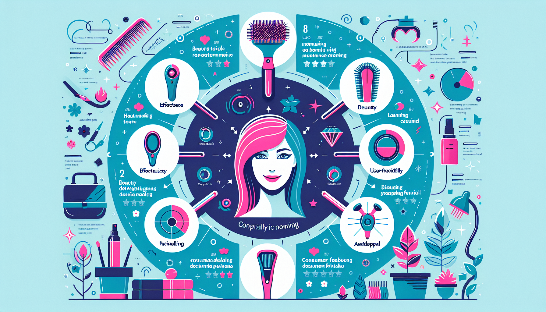 Infographic of key points for selecting beauty devices, showcasing effectiveness, ease of use, design, price, and reviews.