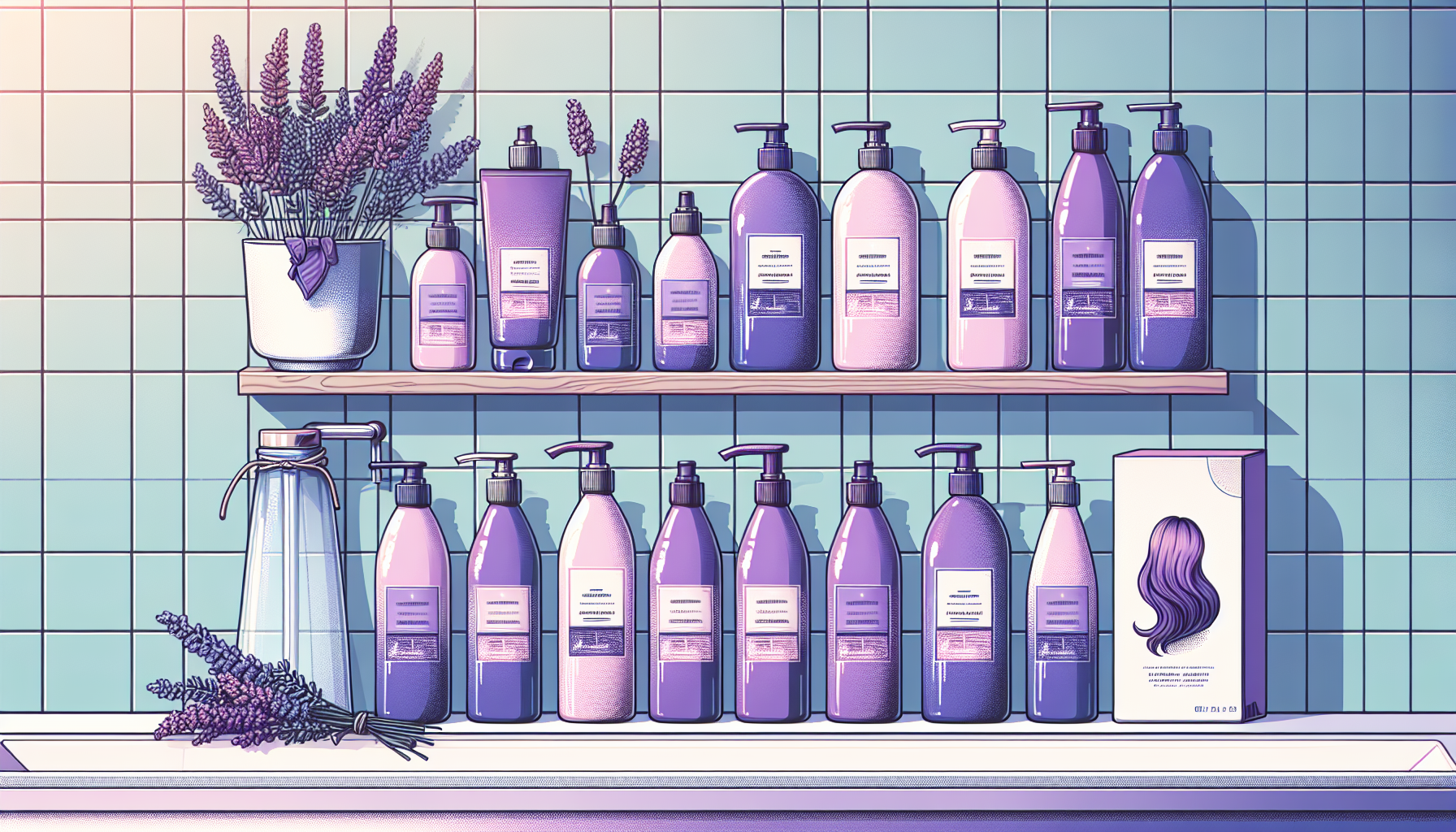Purple shampoo bottles on a modern bathroom shelf promoting hair color maintenance in 2026.