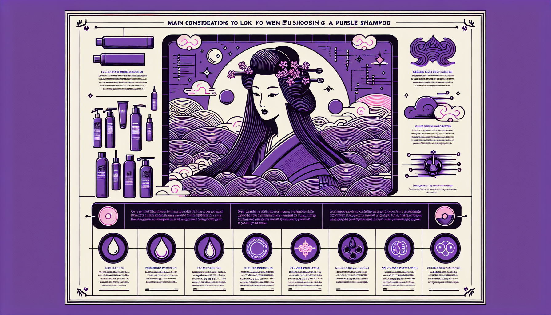 Infographic on how to choose purple shampoo featuring hair types and key qualities.