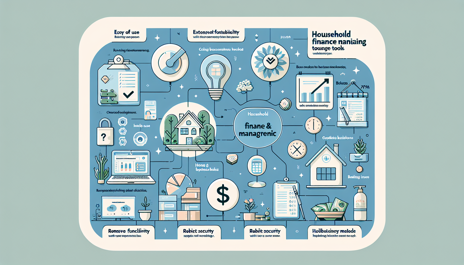 Infographic showing selection points for receipt and household account book linkage tools including ease of use, functionality, security, integration, and pricing.