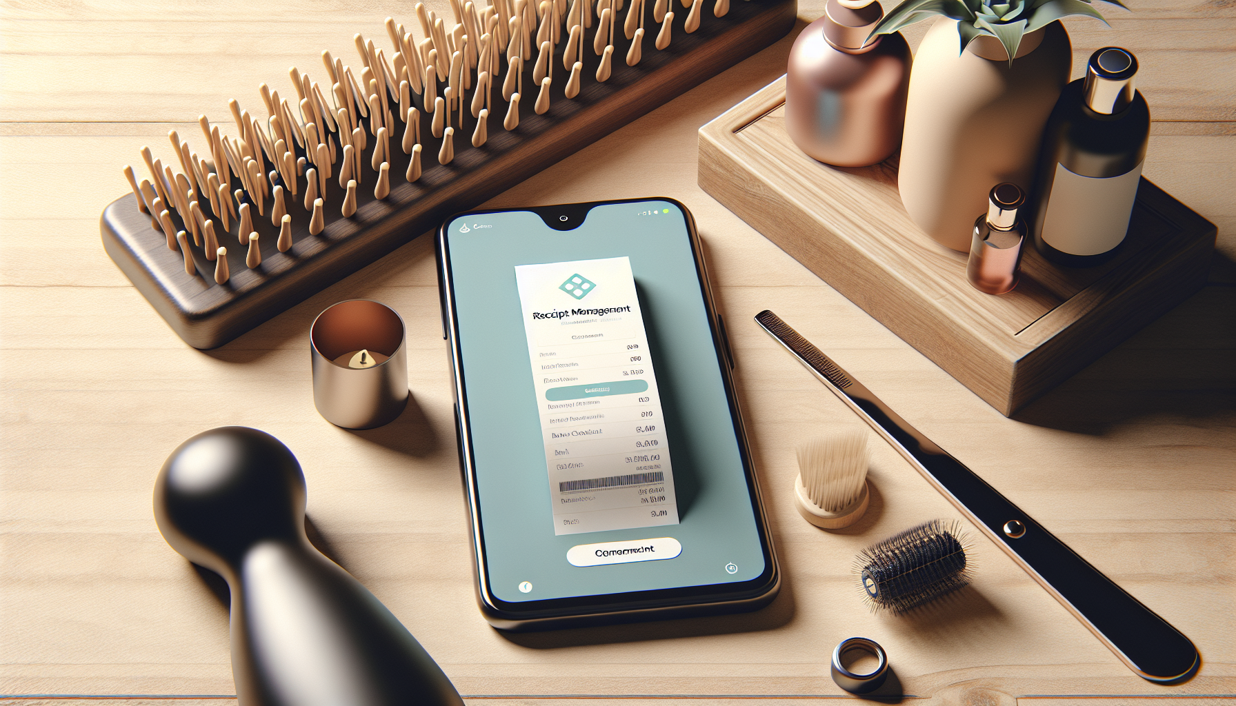 Smartphone displaying user-friendly interface of a receipt management app in a lifestyle setting.