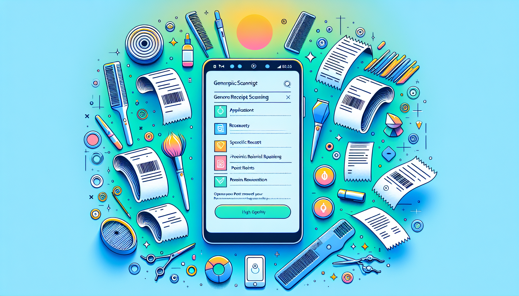 Various receipt scanning application logos and user interfaces on a smartphone with receipts and points rewards scattered around.