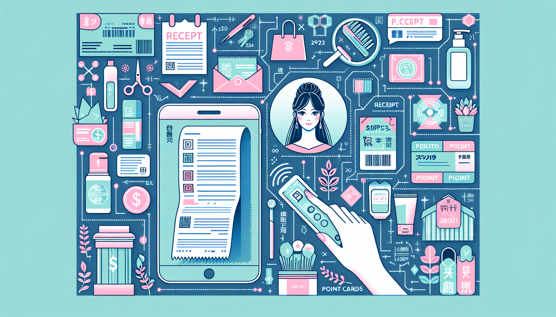 Illustration of 'レシート ポイ活' concept showing receipts, point cards, and a smartphone scanning a receipt.