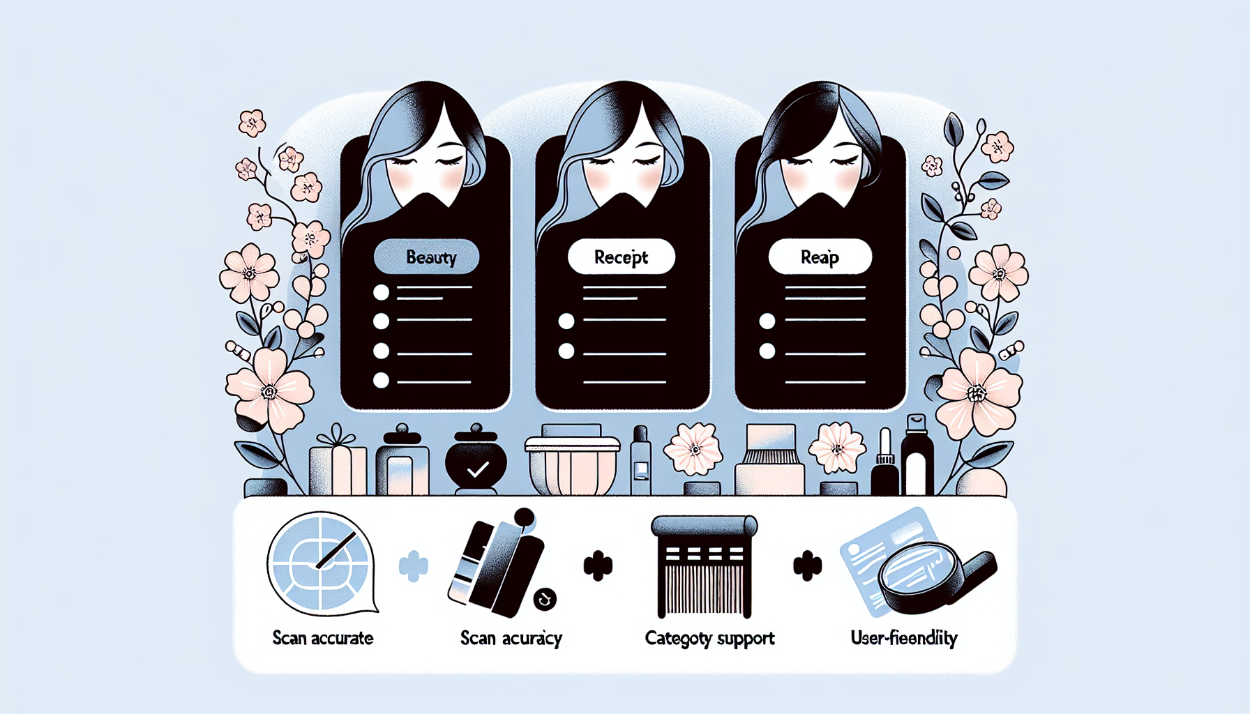 Infographic showing key criteria for choosing a receipt scan app in 2026 including accuracy, supported categories, and usability