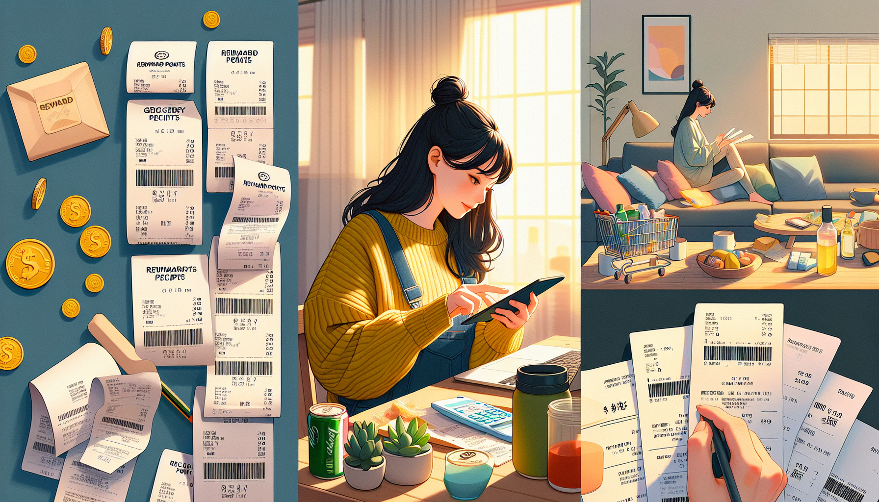 Collage of grocery receipts and a mother generating side income with rewards app.
